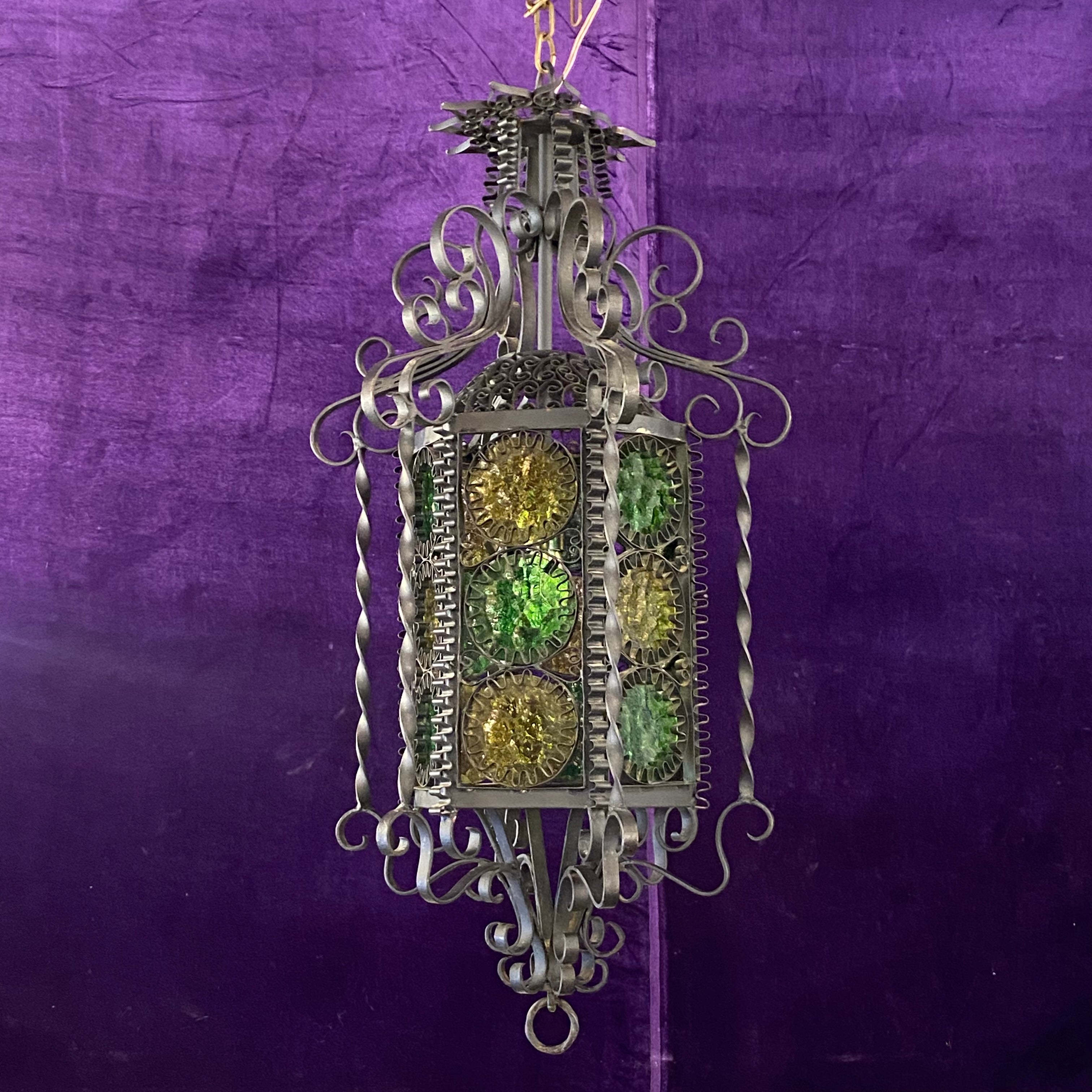 Antique Wrought Iron Lantern with Stained Glass