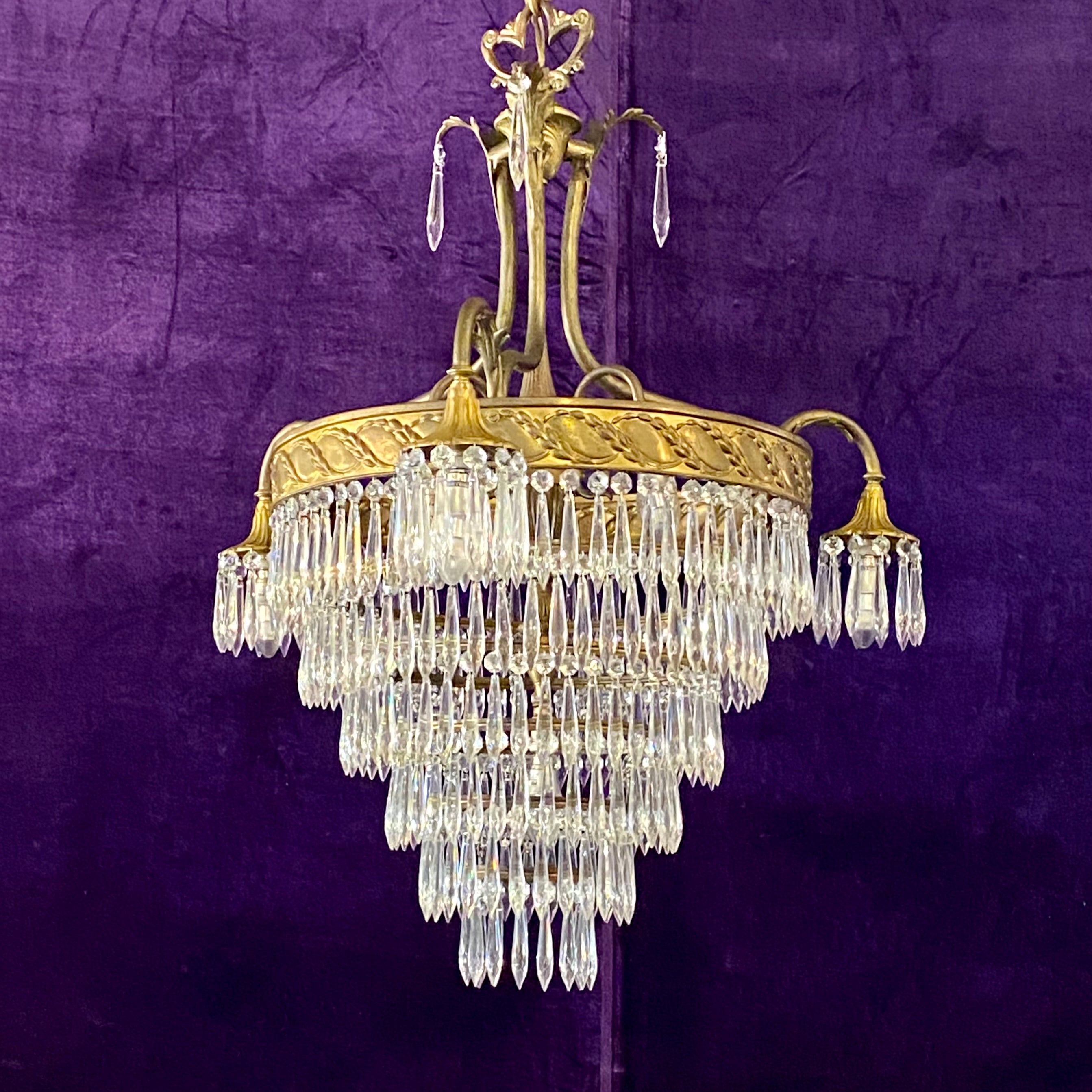 Antique Brass and Crystal Waterfall Chandelier - SOLD