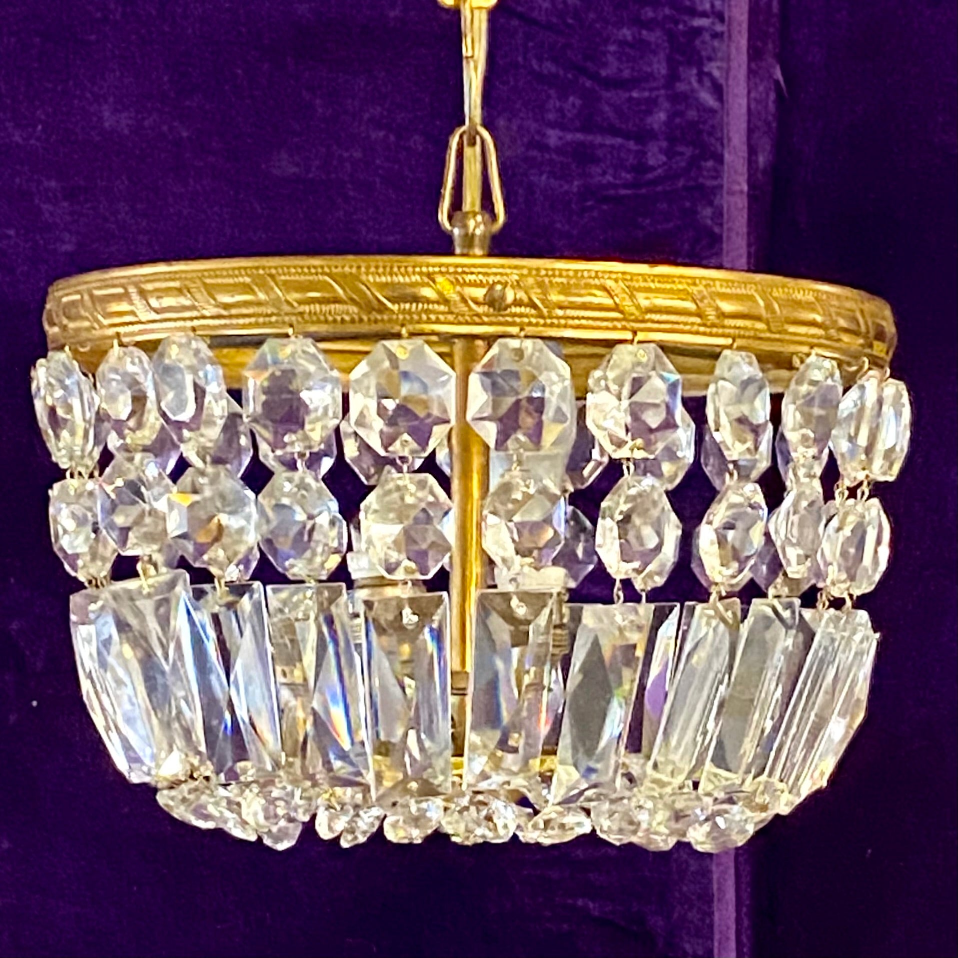 Gilt Metal and Crystal Flush Mounted Chandelier