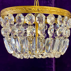 Gilt Metal and Crystal Flush Mounted Chandelier