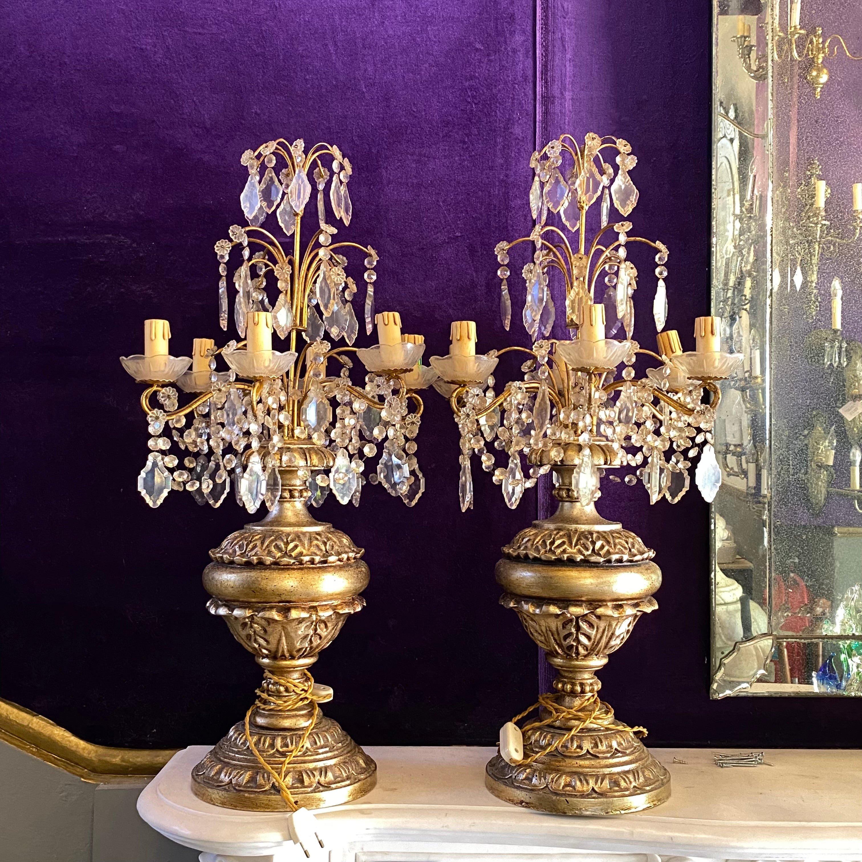 Pair of Antique Gilt Wood Candelabras with Original Crystals - SOLD