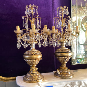 Pair of Antique Gilt Wood Candelabras with Original Crystals - SOLD