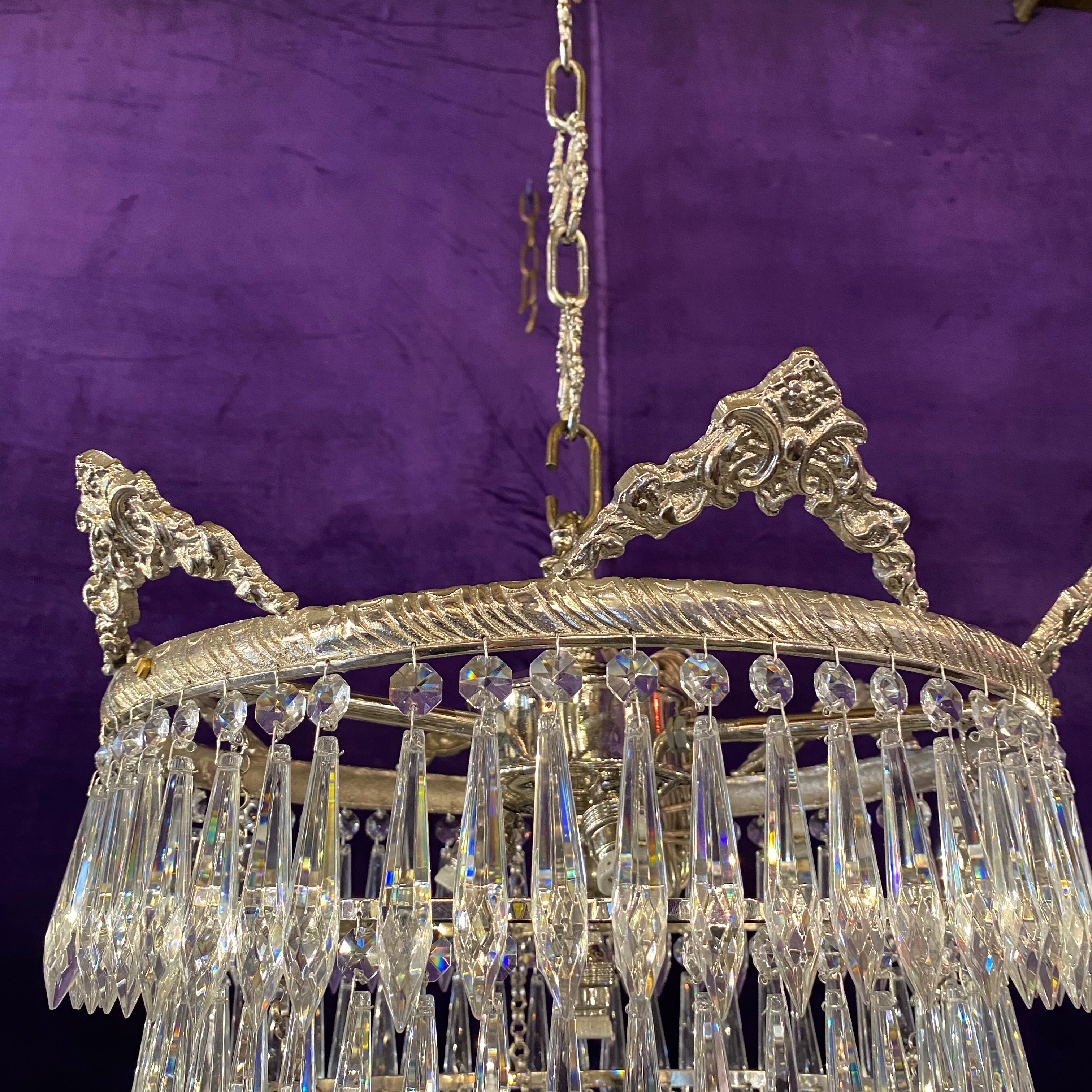 Polished Nickel & Crystal Waterfall Chandelier