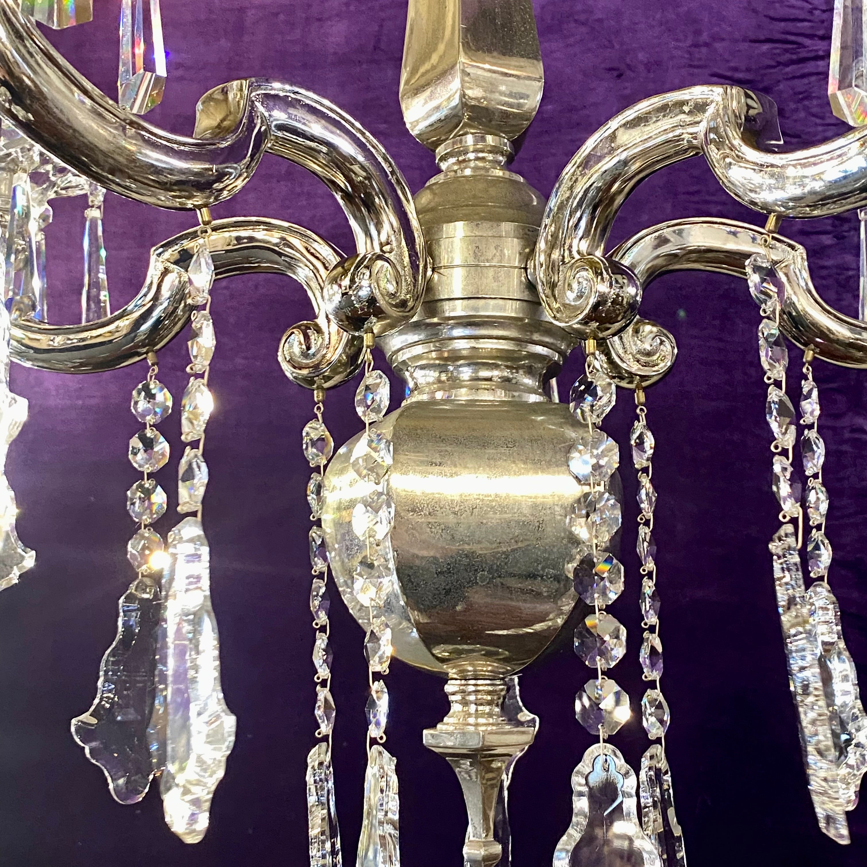 Antique French Nickel Chandelier with Crystal Drops
