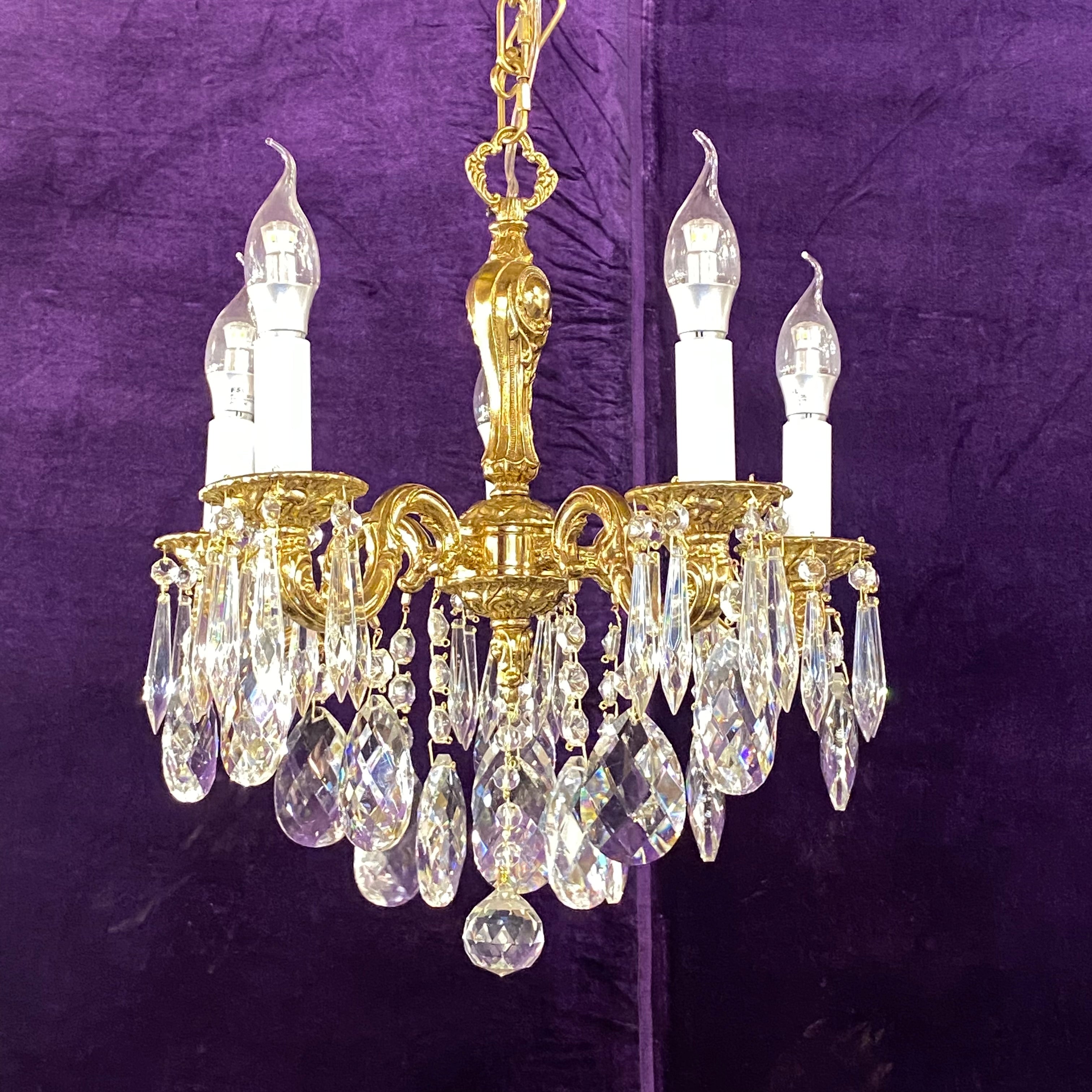 Dainty Antique Brass and Crystal Chandelier - SOLD