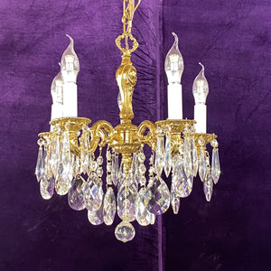 Dainty Antique Brass and Crystal Chandelier - SOLD