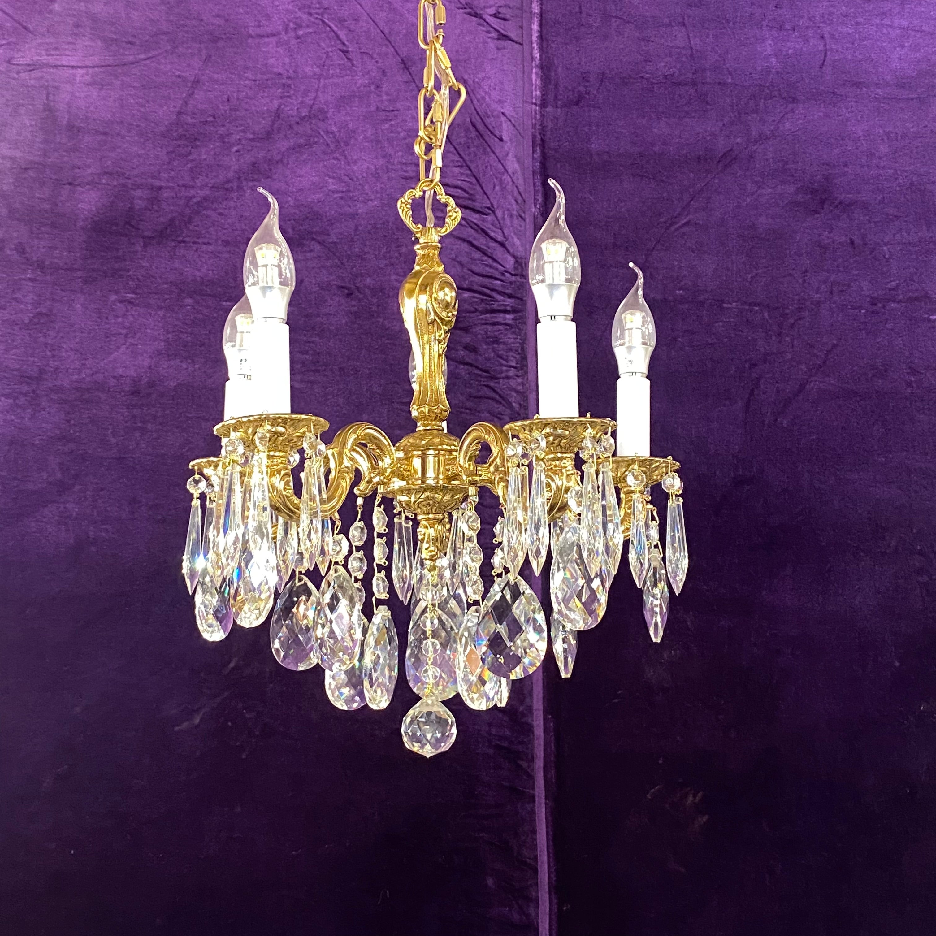 Dainty Antique Brass and Crystal Chandelier - SOLD