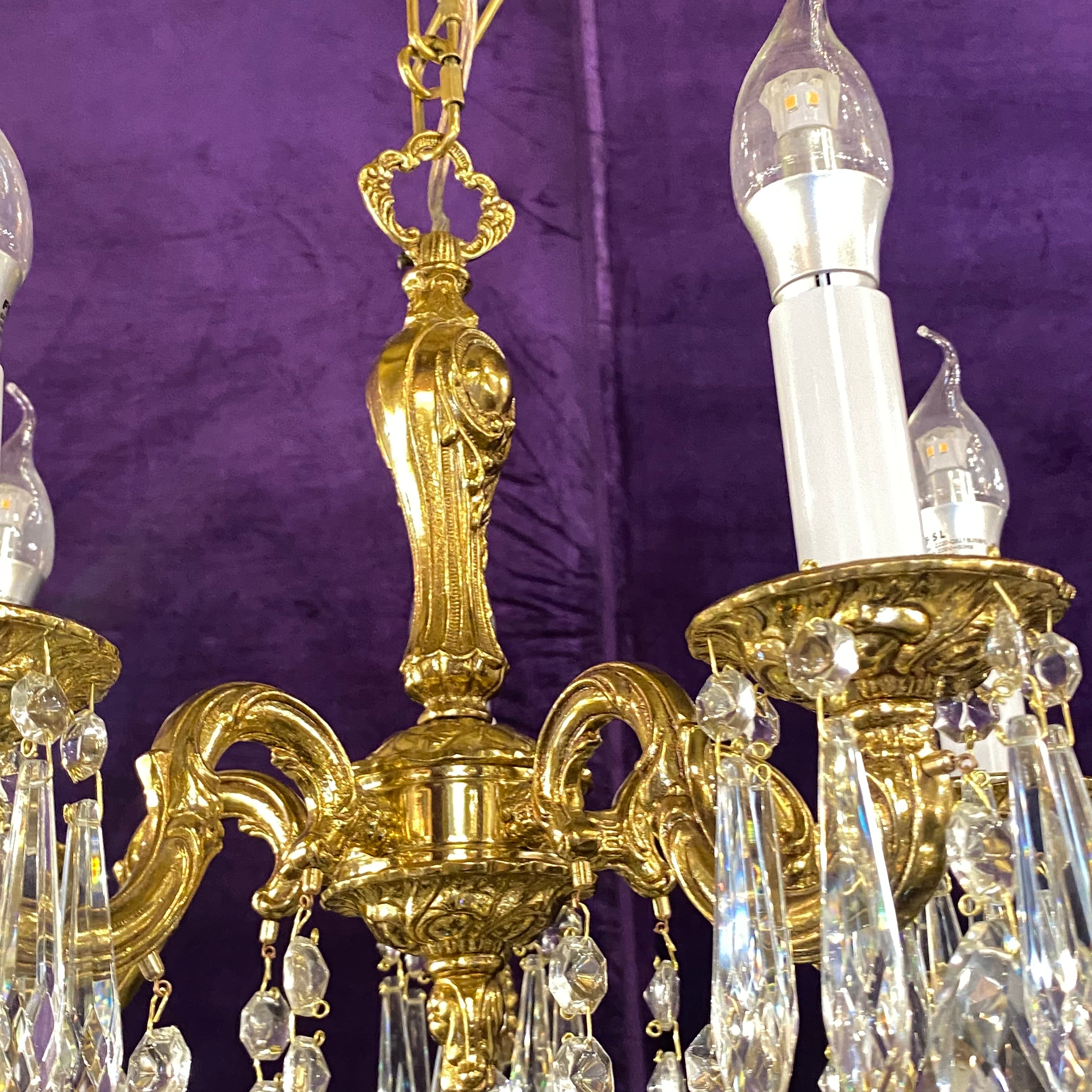 Dainty Antique Brass and Crystal Chandelier - SOLD