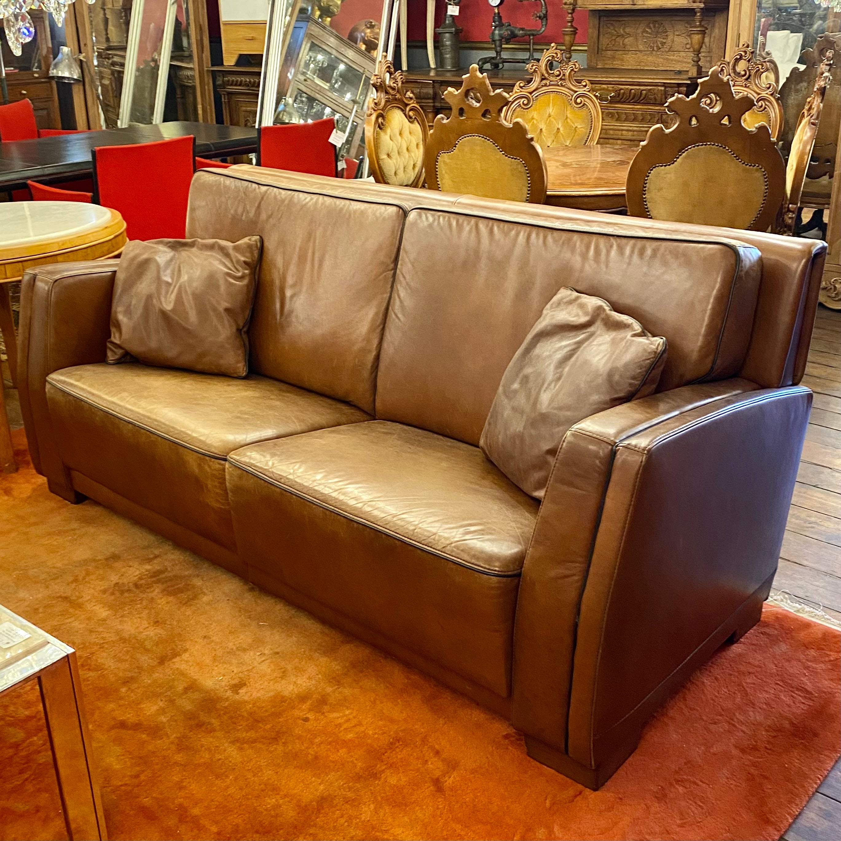 Art Deco Tan Leather Two Seater Sofa