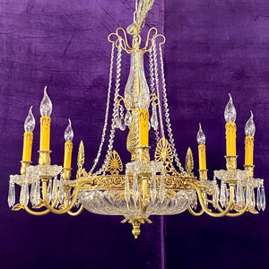 Brass & Crystal Neoclassical Chandelier with Cut Glass - SOLD