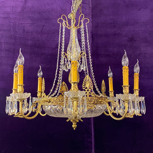 Brass & Crystal Neoclassical Chandelier with Cut Glass - SOLD