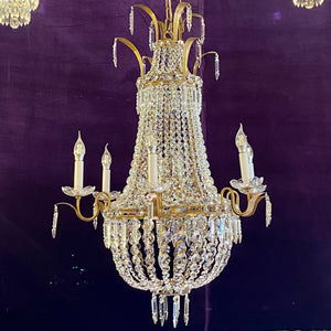 Gilt Metal Neoclassical Crystal Chandelier - SOLD