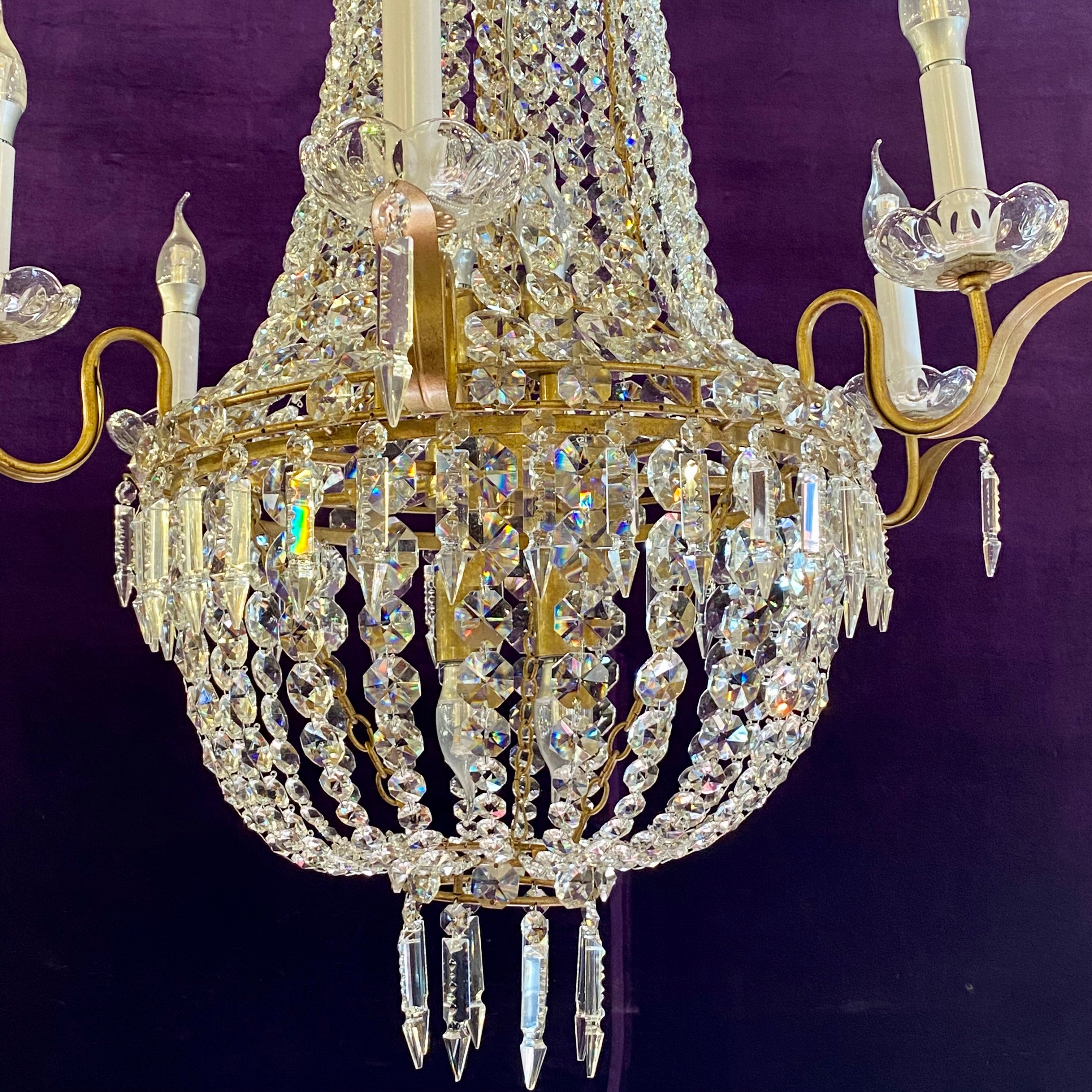 Gilt Metal Neoclassical Crystal Chandelier - SOLD