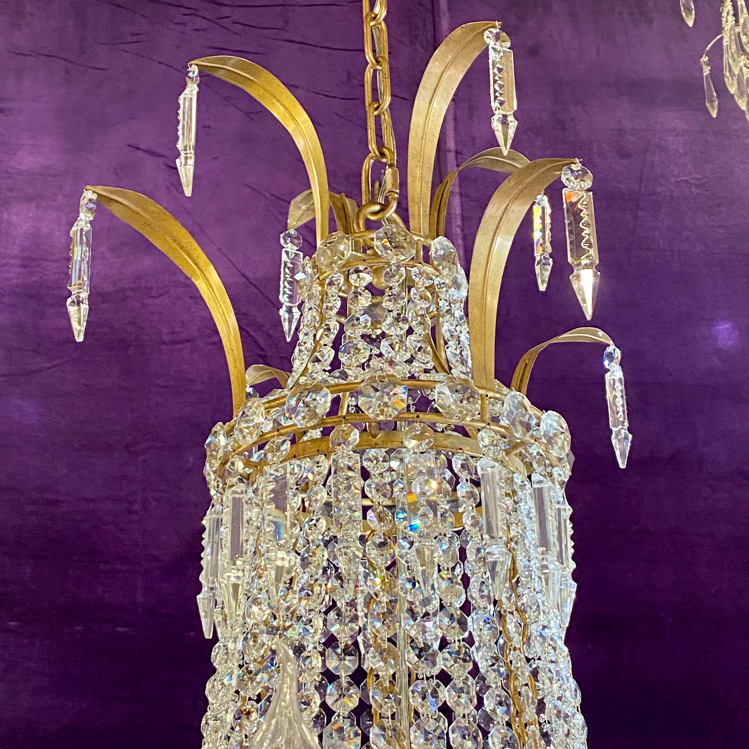 Gilt Metal Neoclassical Crystal Chandelier - SOLD