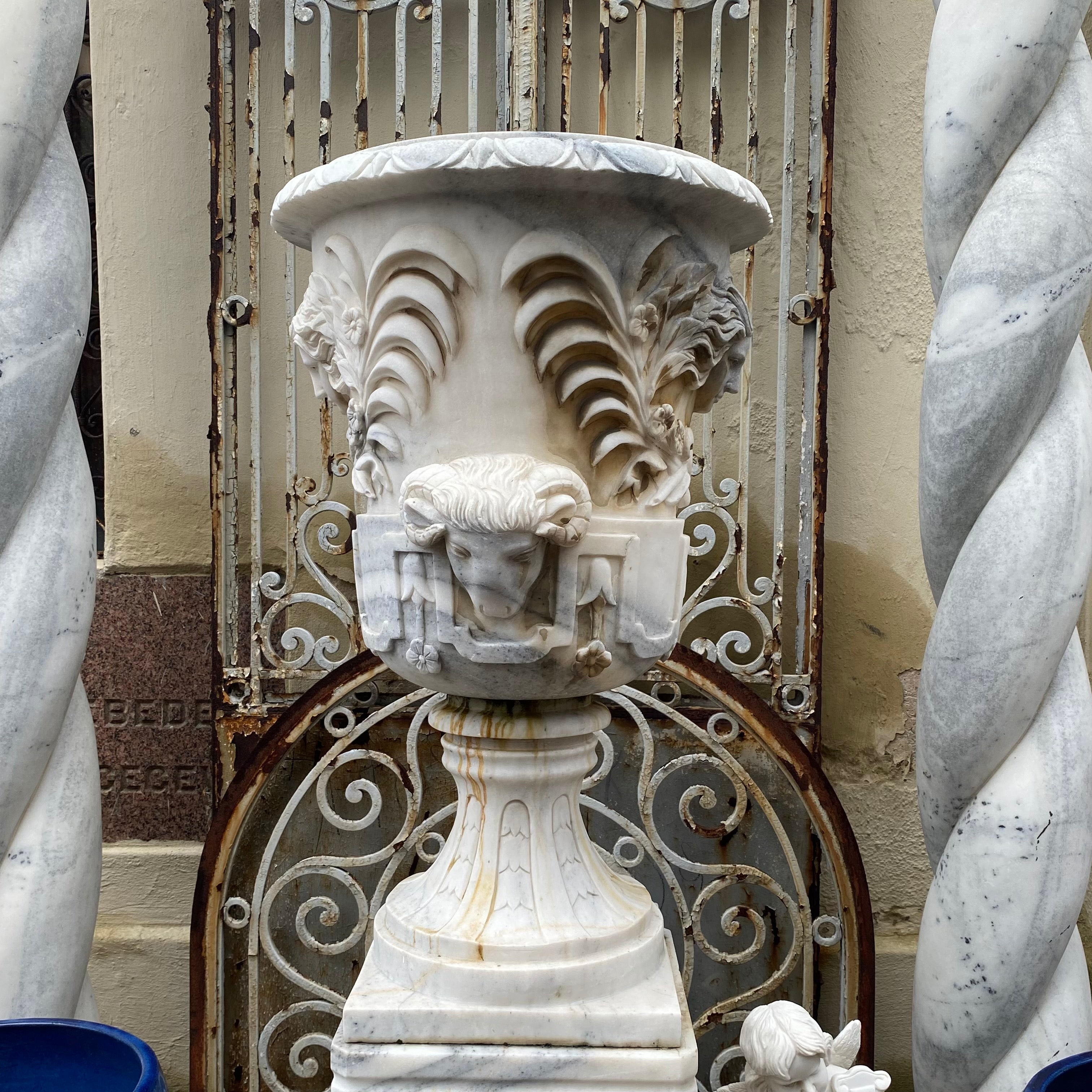 Unusual White Marble Urn with Ram Heads