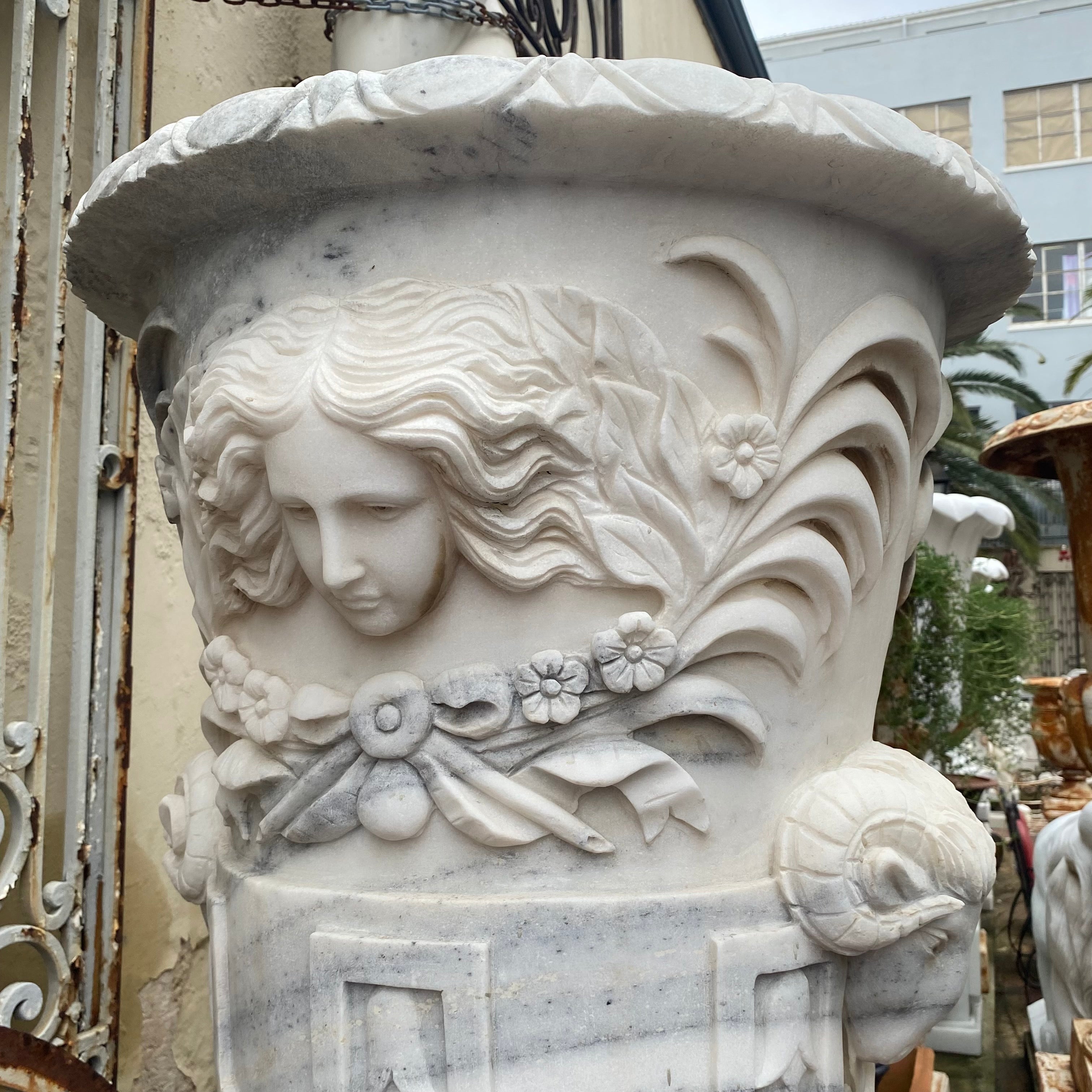 Unusual White Marble Urn with Ram Heads - SOLD