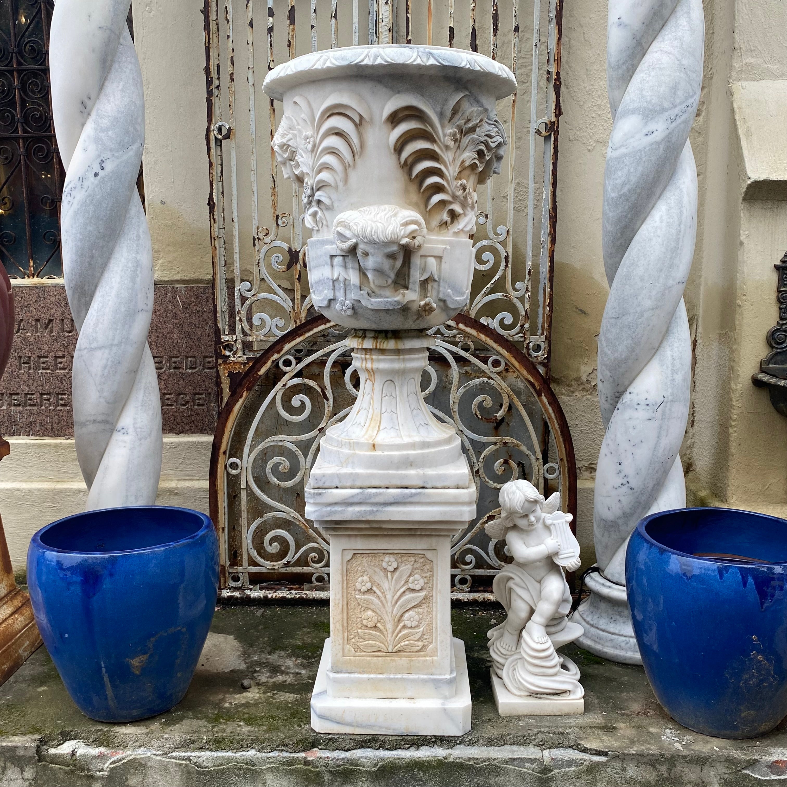 Unusual White Marble Urn with Ram Heads - SOLD