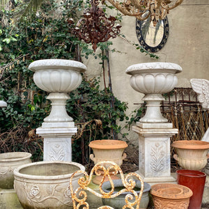 Pair of Heavy White Marble Classic Grecian Urn