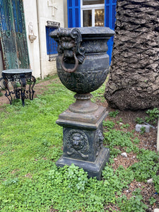 Cast Iron Urn on Plinth with Lion's Face - SOLD