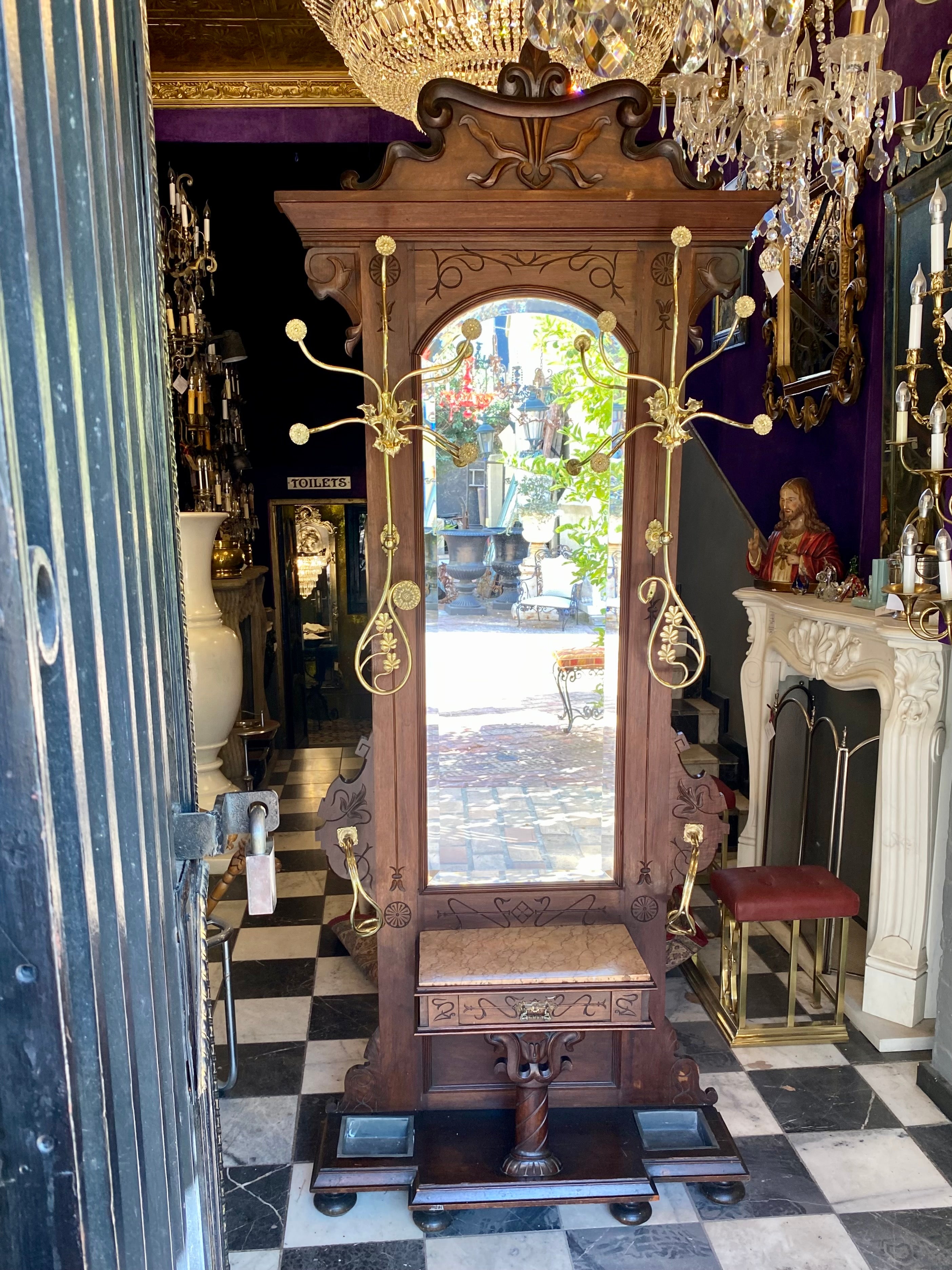 Antique Mahogany Hall Stand with Unusual Brass Hooks & Marble Top