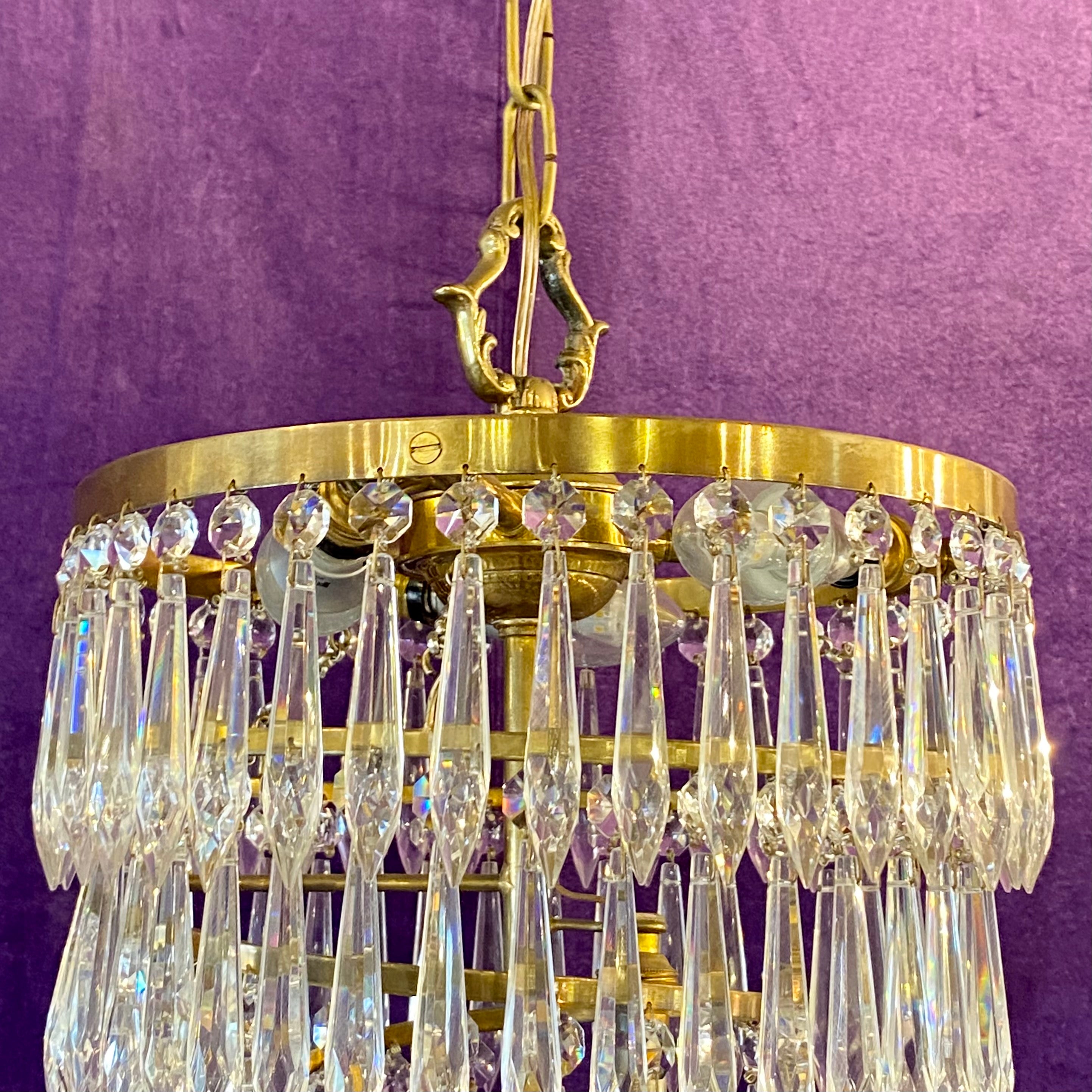 Cascading Brass and Crystal Waterfall Chandelier - SOLD