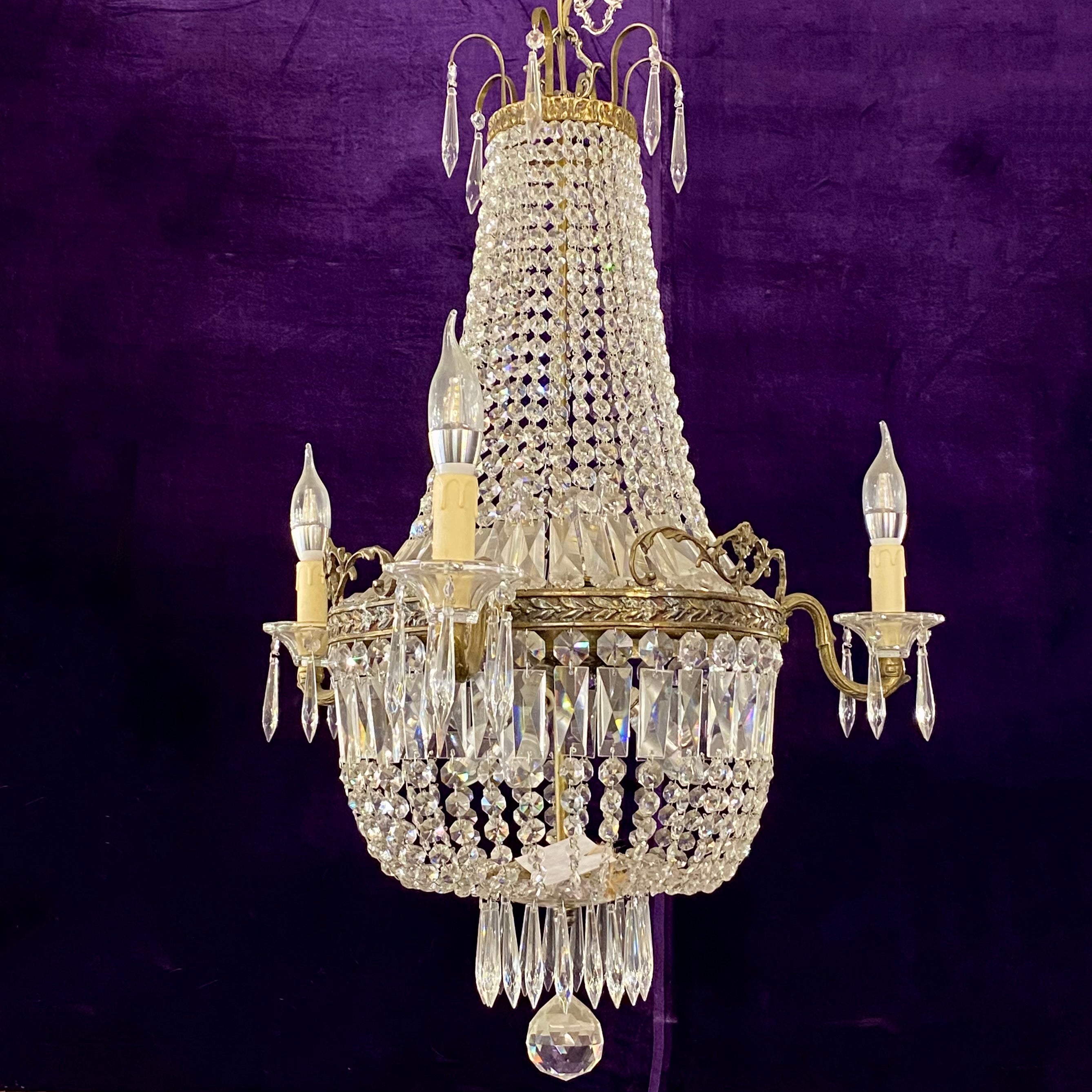 Beautiful Aged Brass and Crystal Neoclassical Chandelier - SOLD