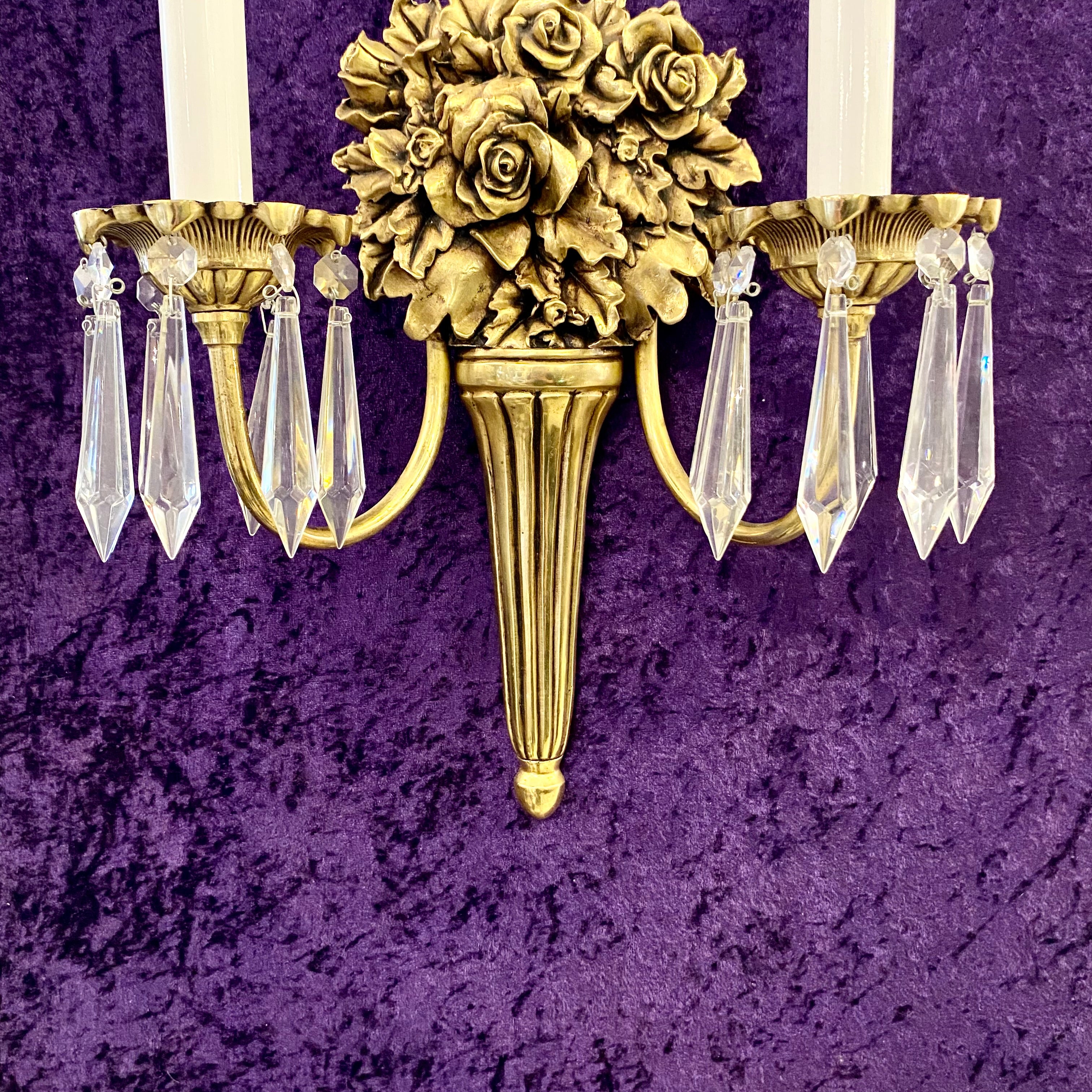 Elegant Brass & Crystal Rose Wall Sconces - SOLD