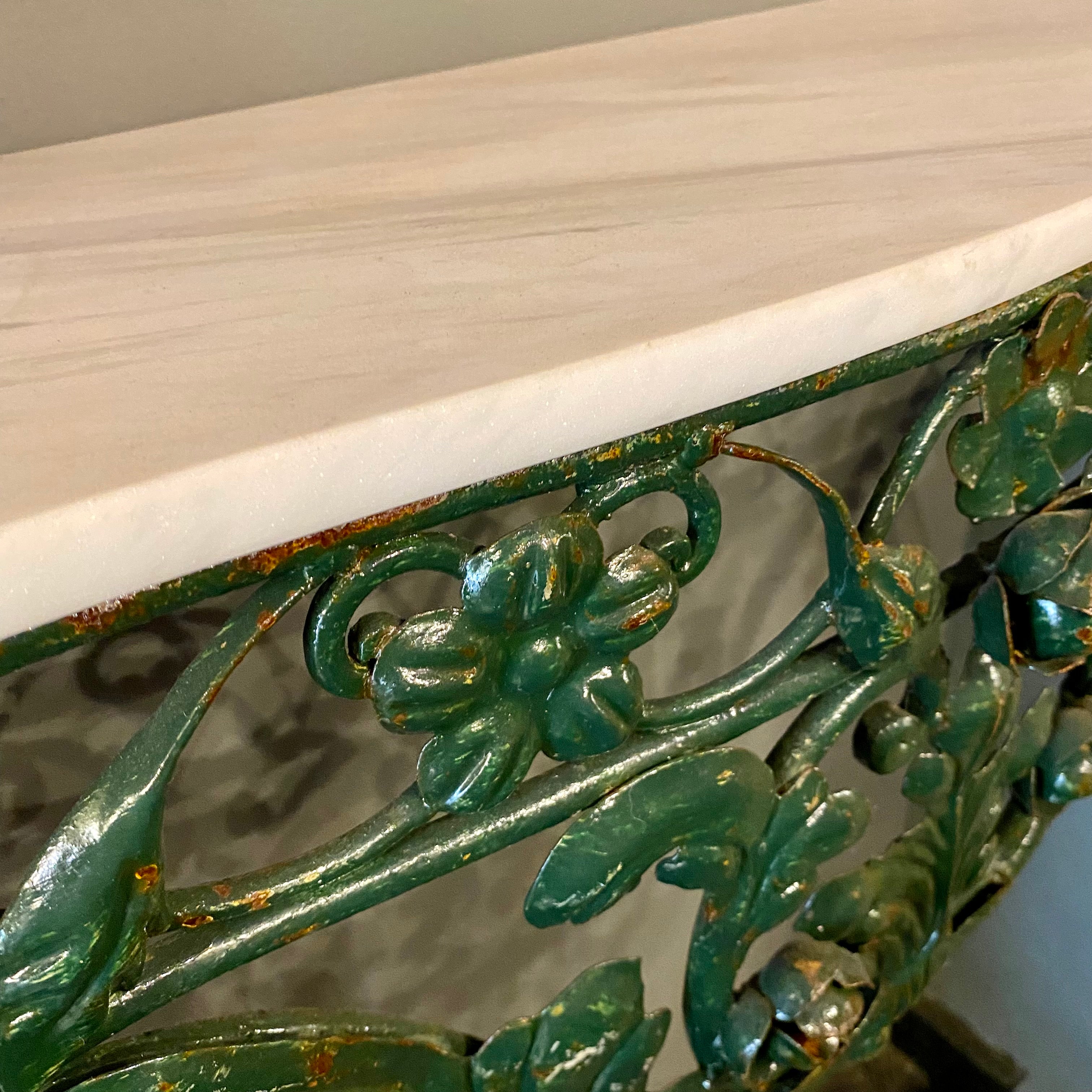 Bottle Green Wrought Iron Console with Marble Top - SOLD