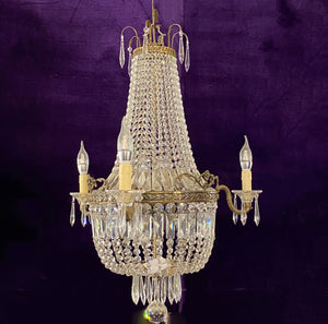 Beautiful Aged Brass and Crystal Neoclassical Chandelier - SOLD