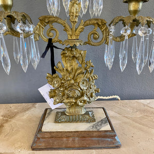 Antique Brass & Crystal Candelabra with Marble Base - SOLD