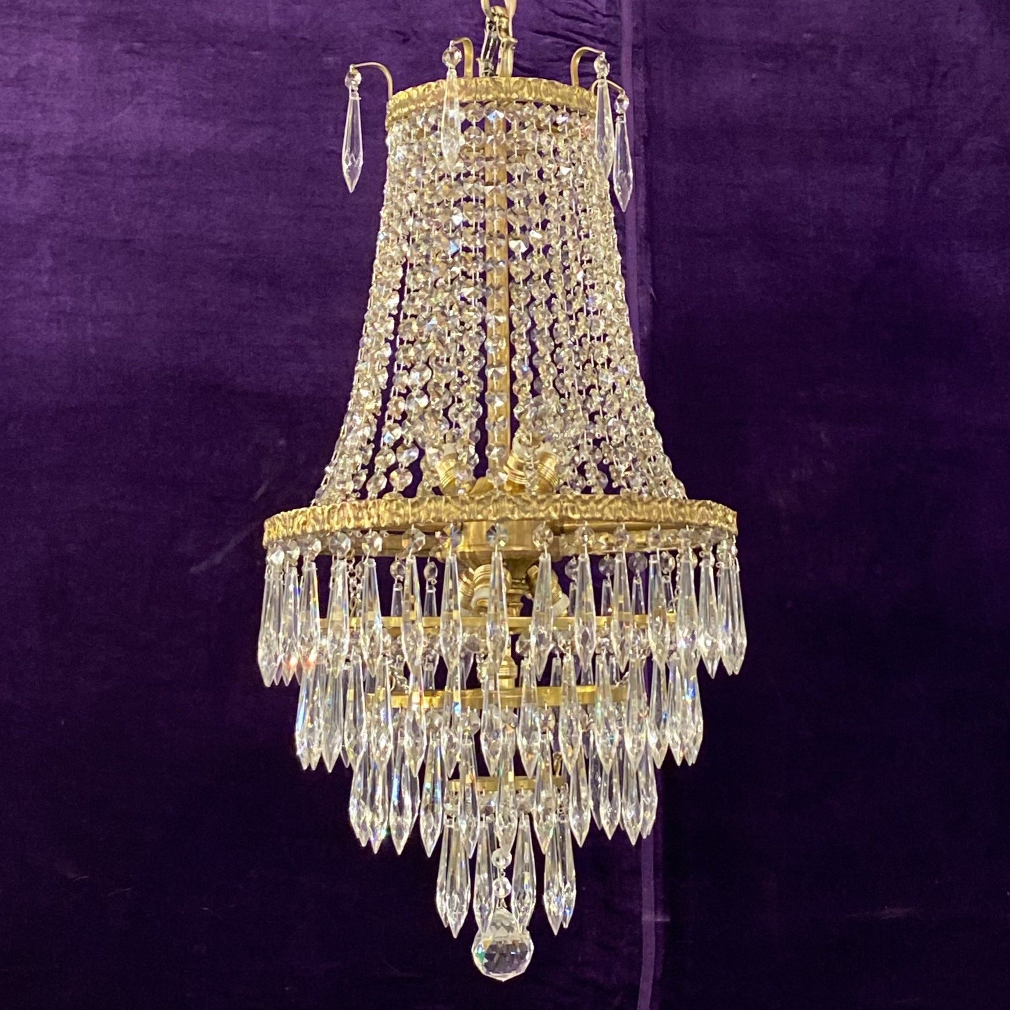 Aged Brass and Crystal Neoclassical Chandelier - SOLD