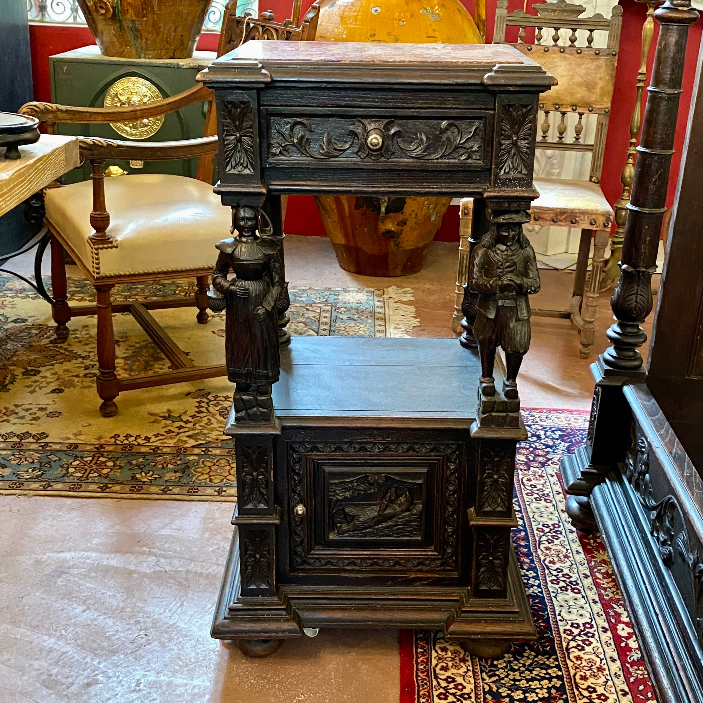 Incredible Antique Breton French Oak Bed & Nightstand