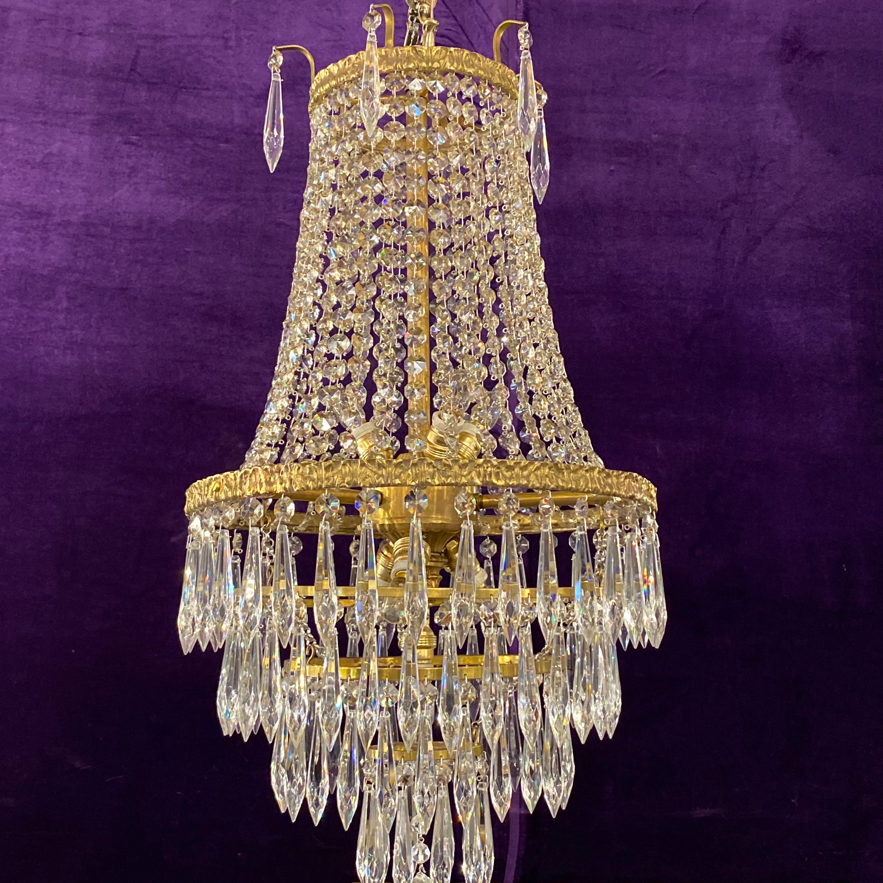 Aged Brass and Crystal Neoclassical Chandelier - SOLD