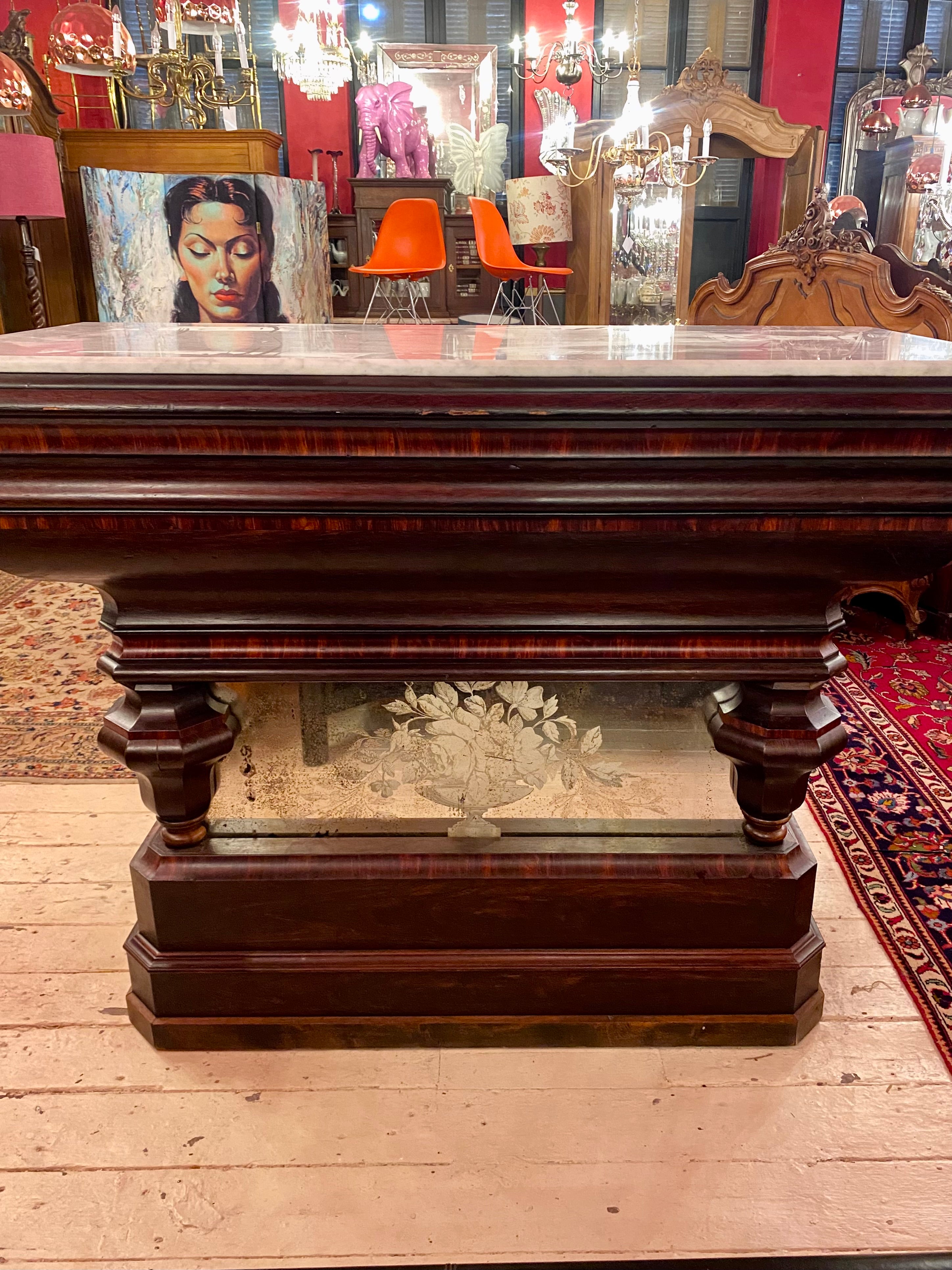 Early 20th Century Mahogany Bar with Marble Top & Detailed Mirror - SOLD