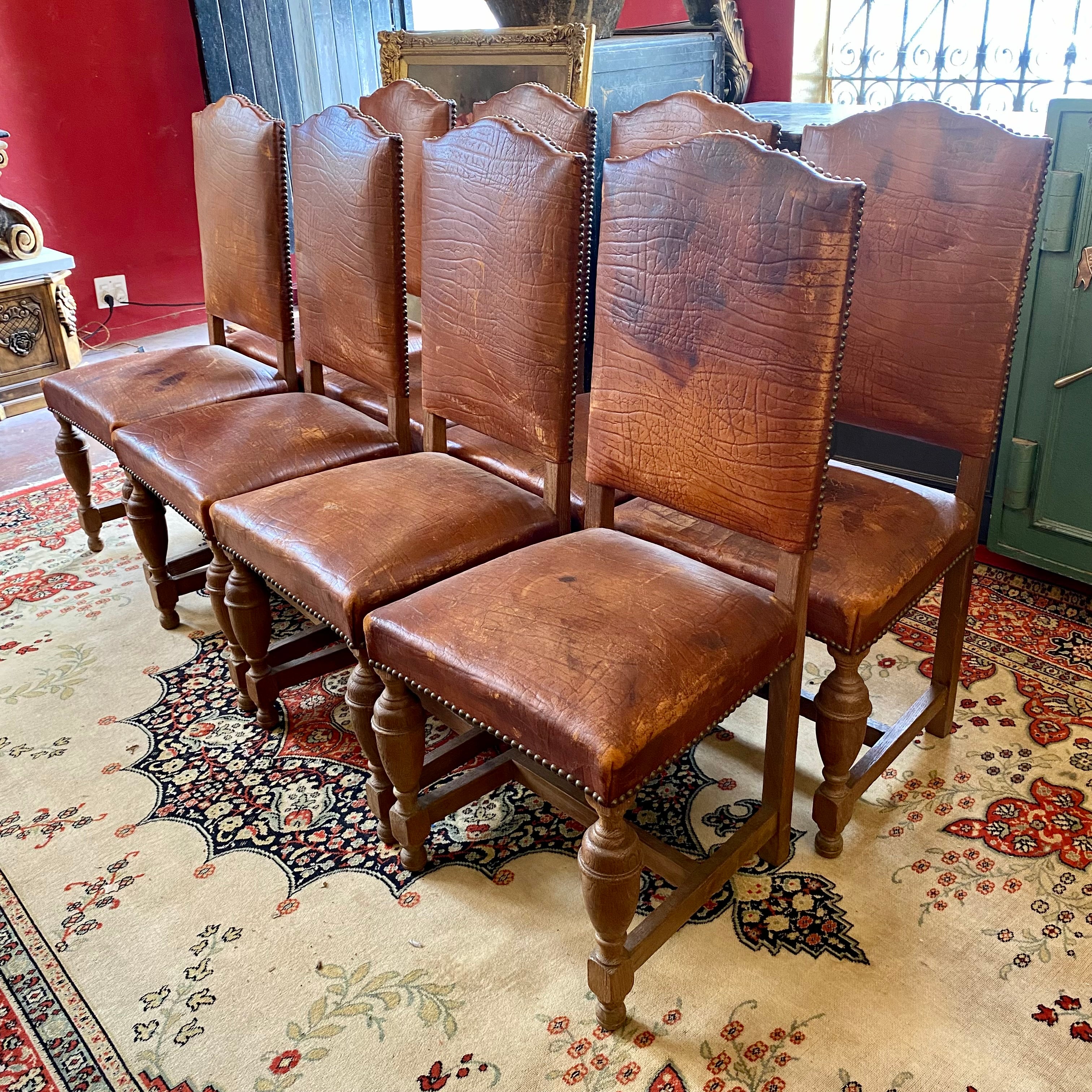 Set of Eight Antique Oak & Leather Dining Chairs - SOLD