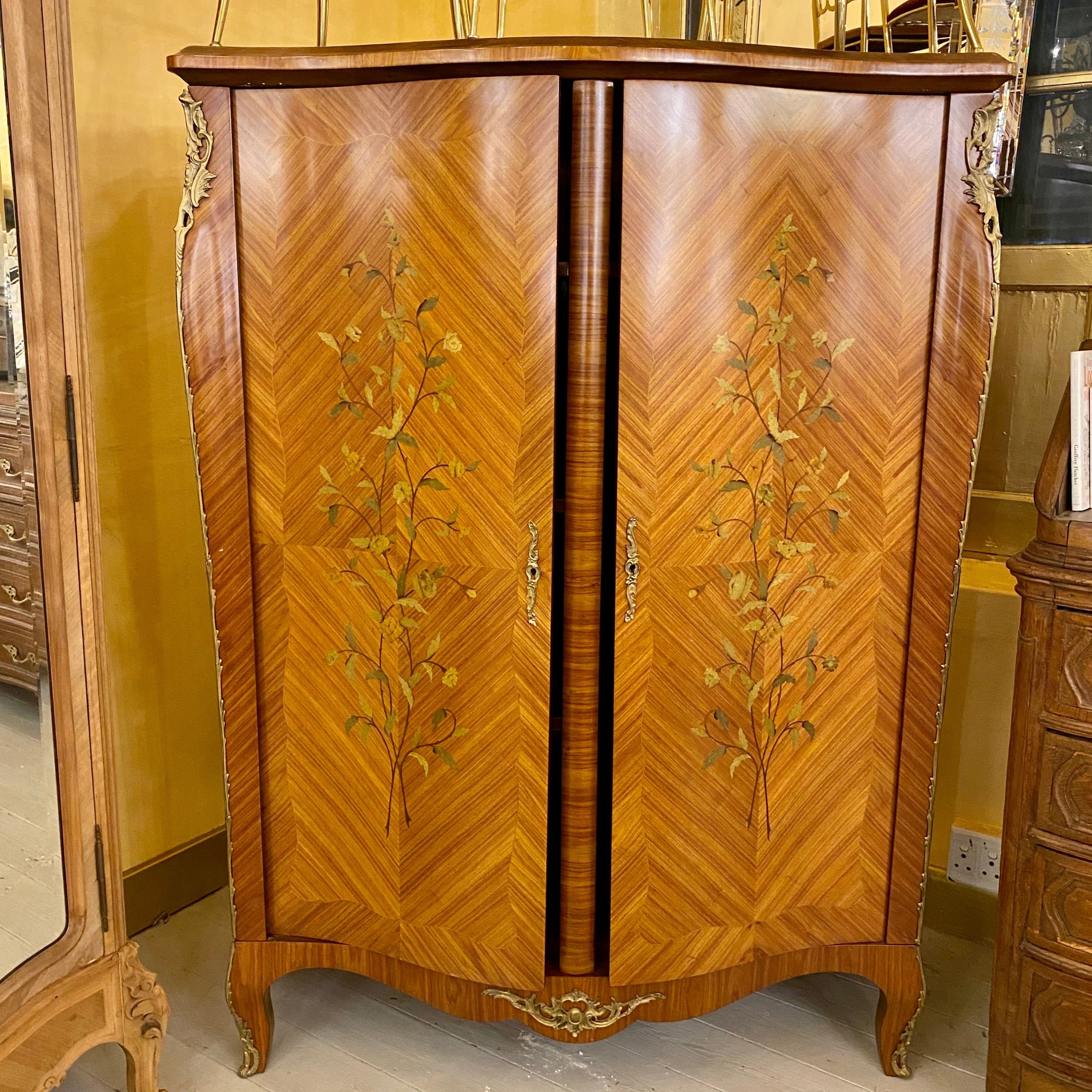 Antique Rosewood Cabinet with Delicate Inlay Detail & Brass Castings - SOLD