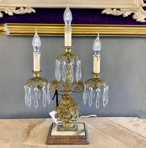 Antique Brass & Crystal Candelabra with Marble Base - SOLD