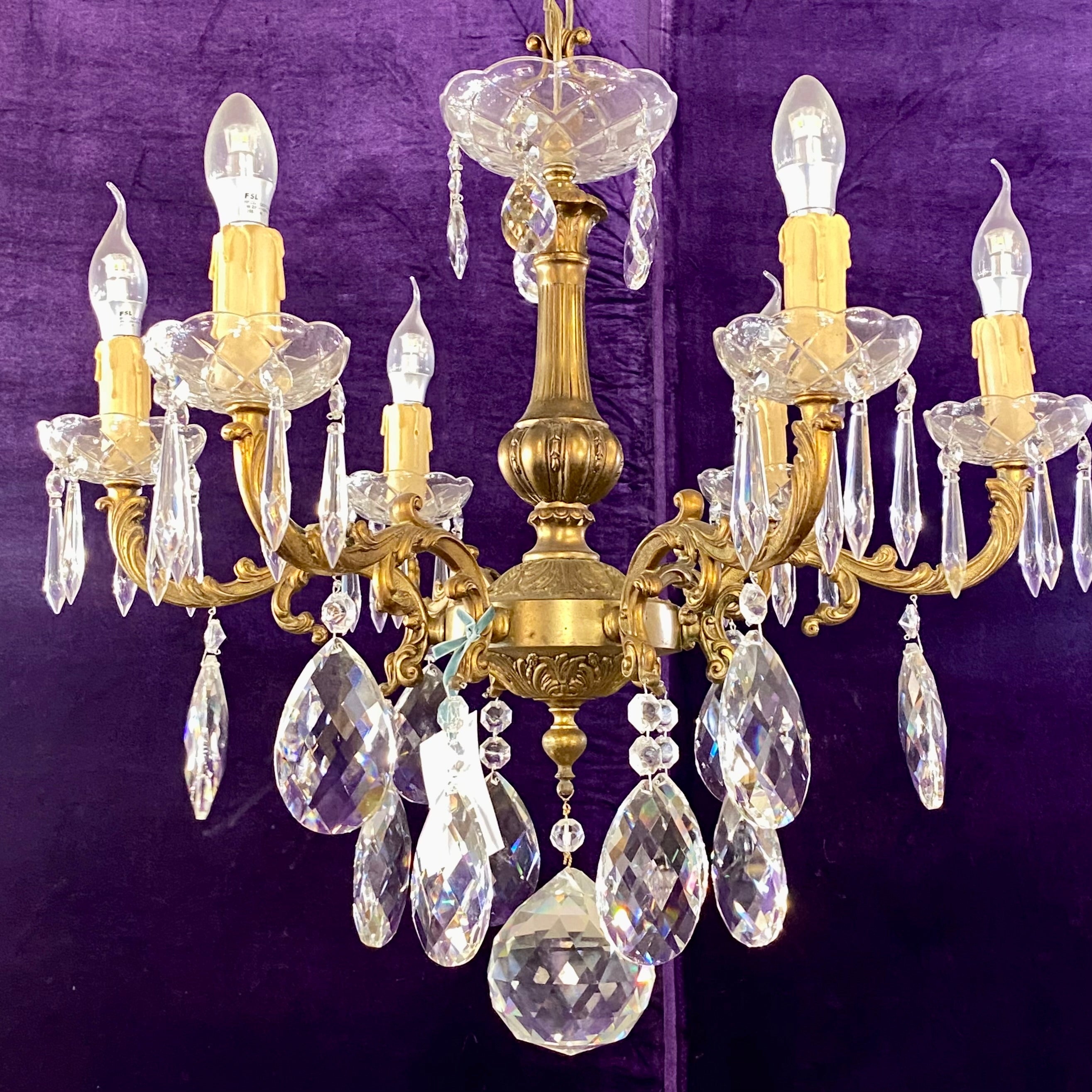 Antique French Brass & Crystal Chandelier with Tear Drop Crystals - SOLD