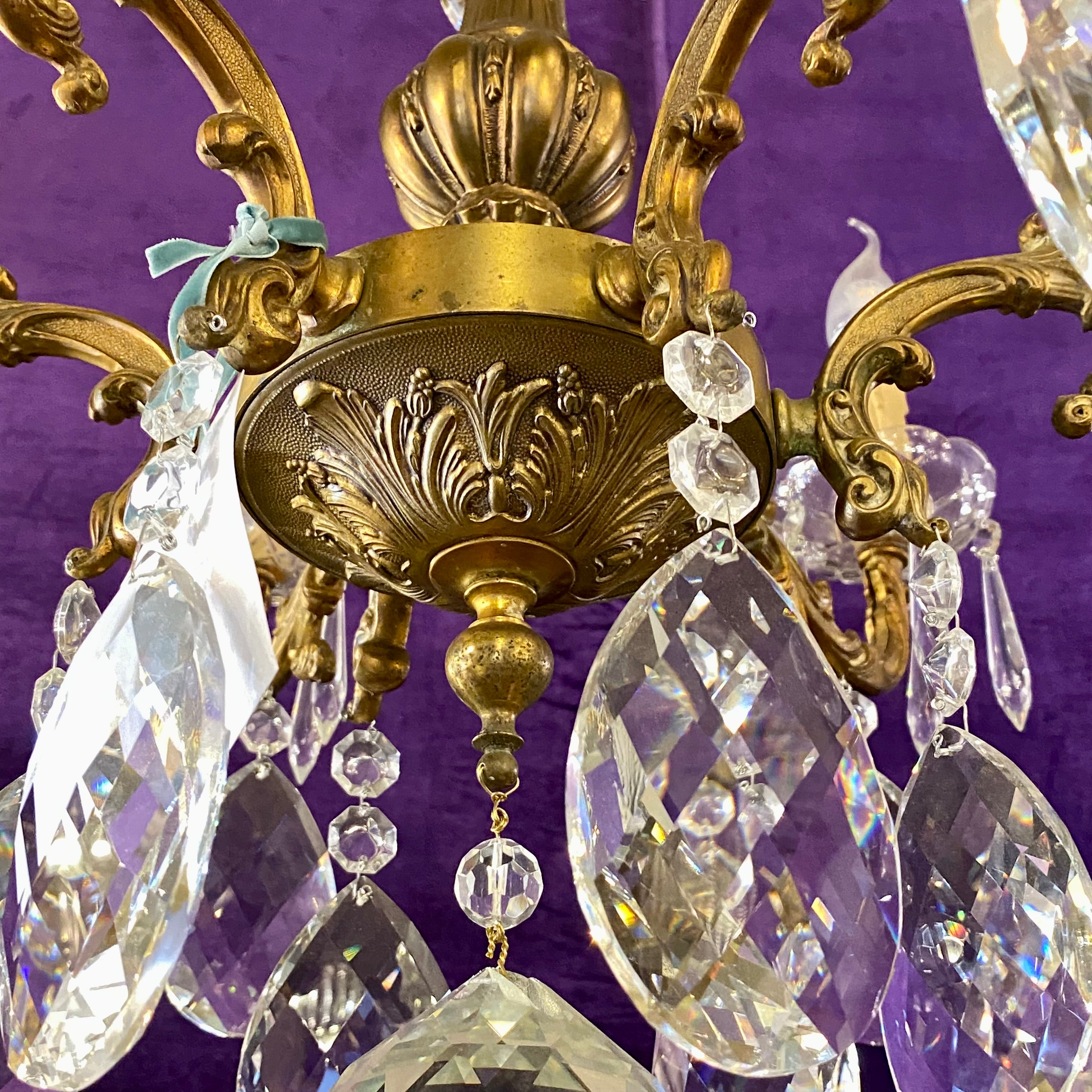 Antique French Brass & Crystal Chandelier with Tear Drop Crystals - SOLD