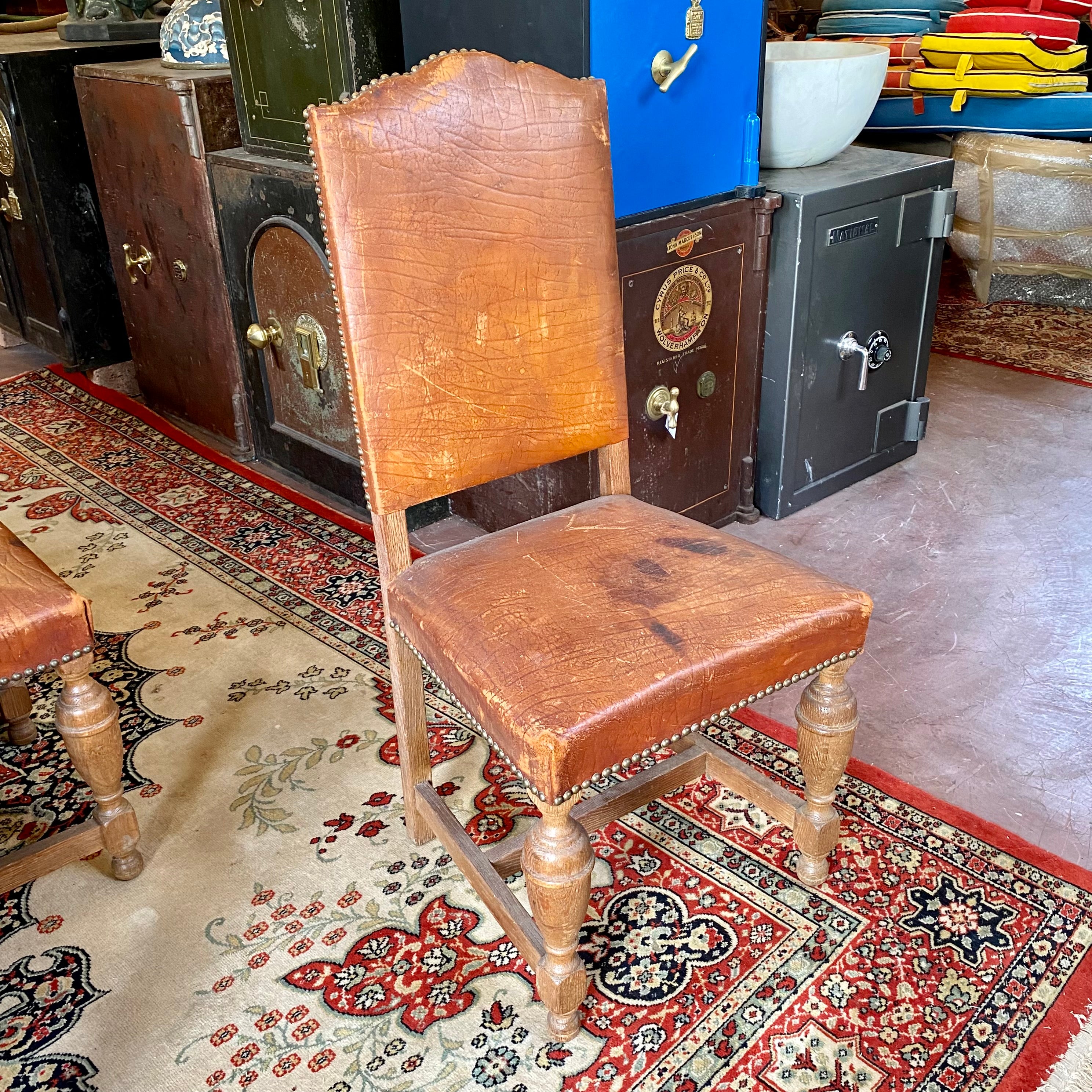 Set of Eight Antique Oak & Leather Dining Chairs - SOLD