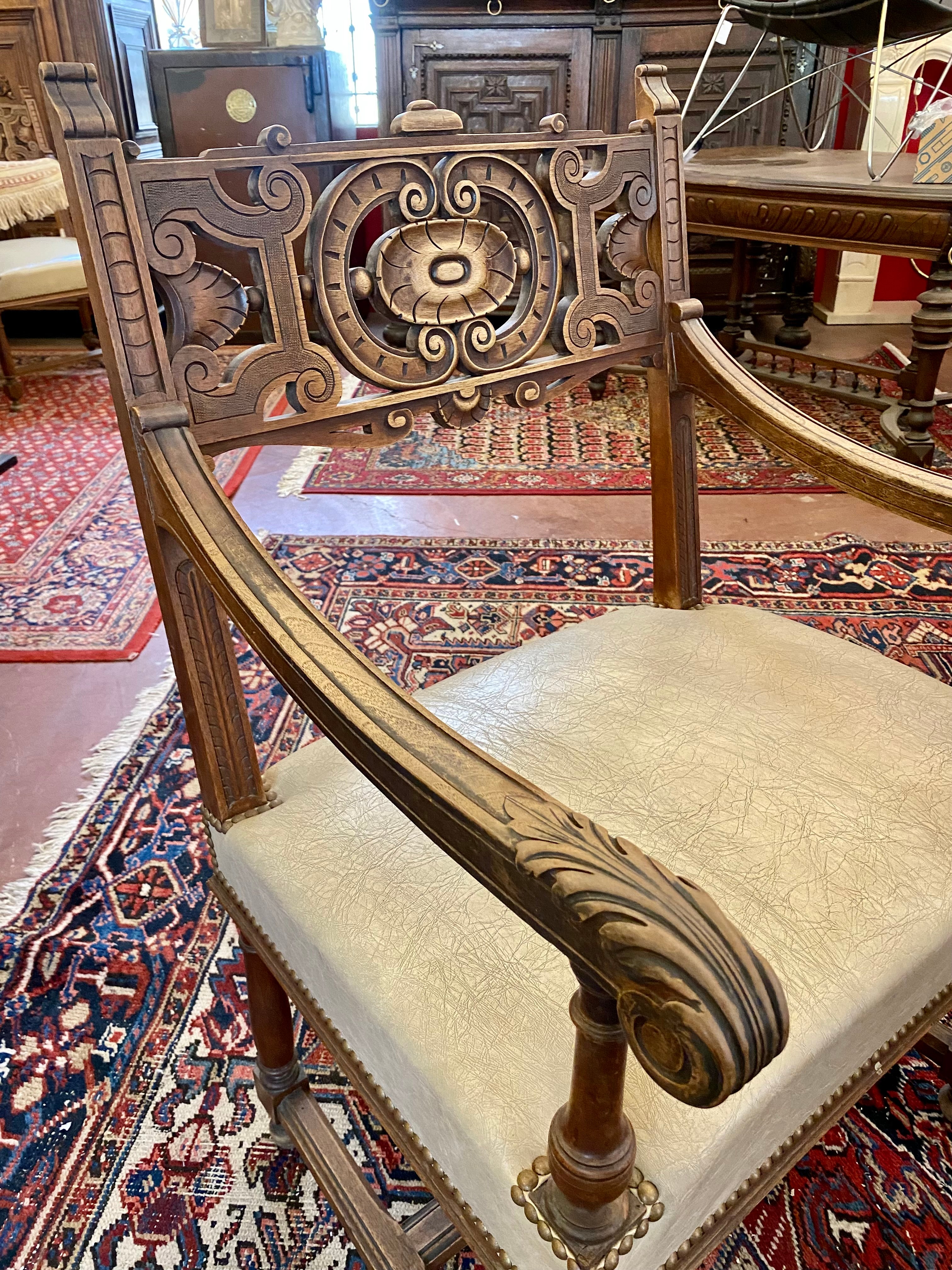 Antique Church Oak & Leather Chairs