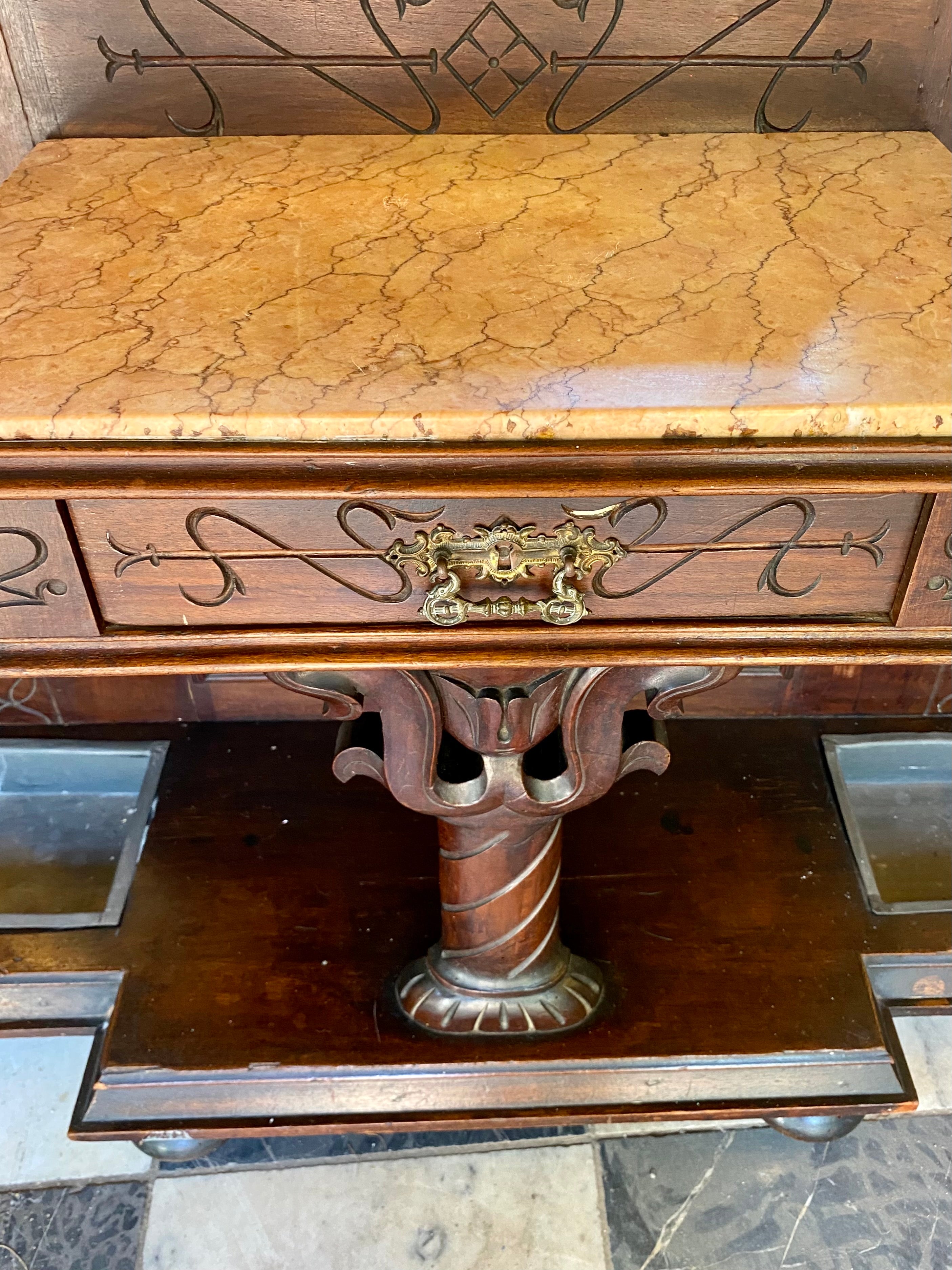 Antique Mahogany Hall Stand with Unusual Brass Hooks & Marble Top