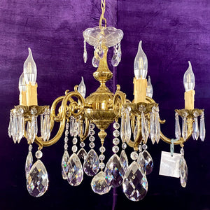 Antique French Brass Chandelier with Tear Drop Crystal - SOLD