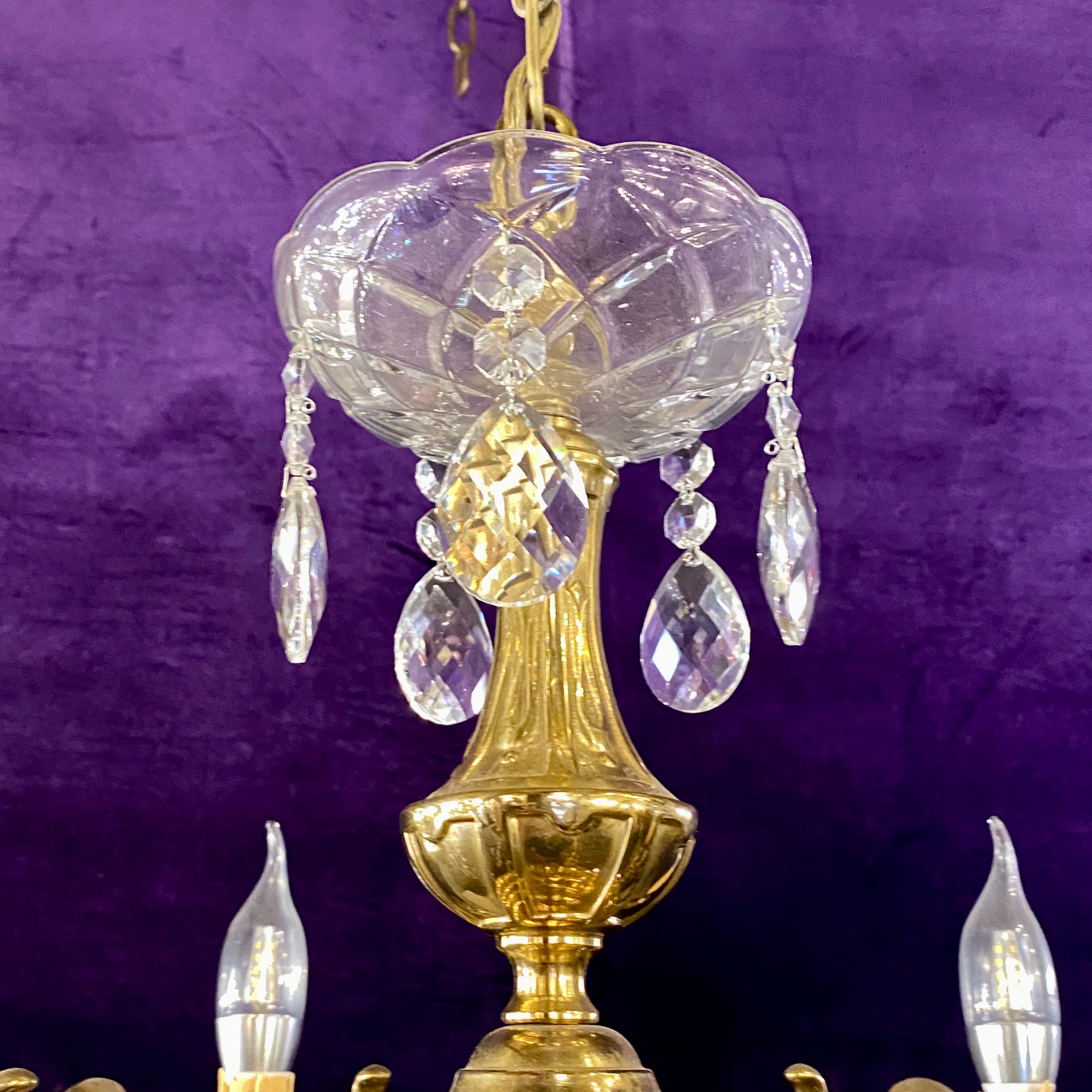 Antique French Brass Chandelier with Tear Drop Crystal - SOLD