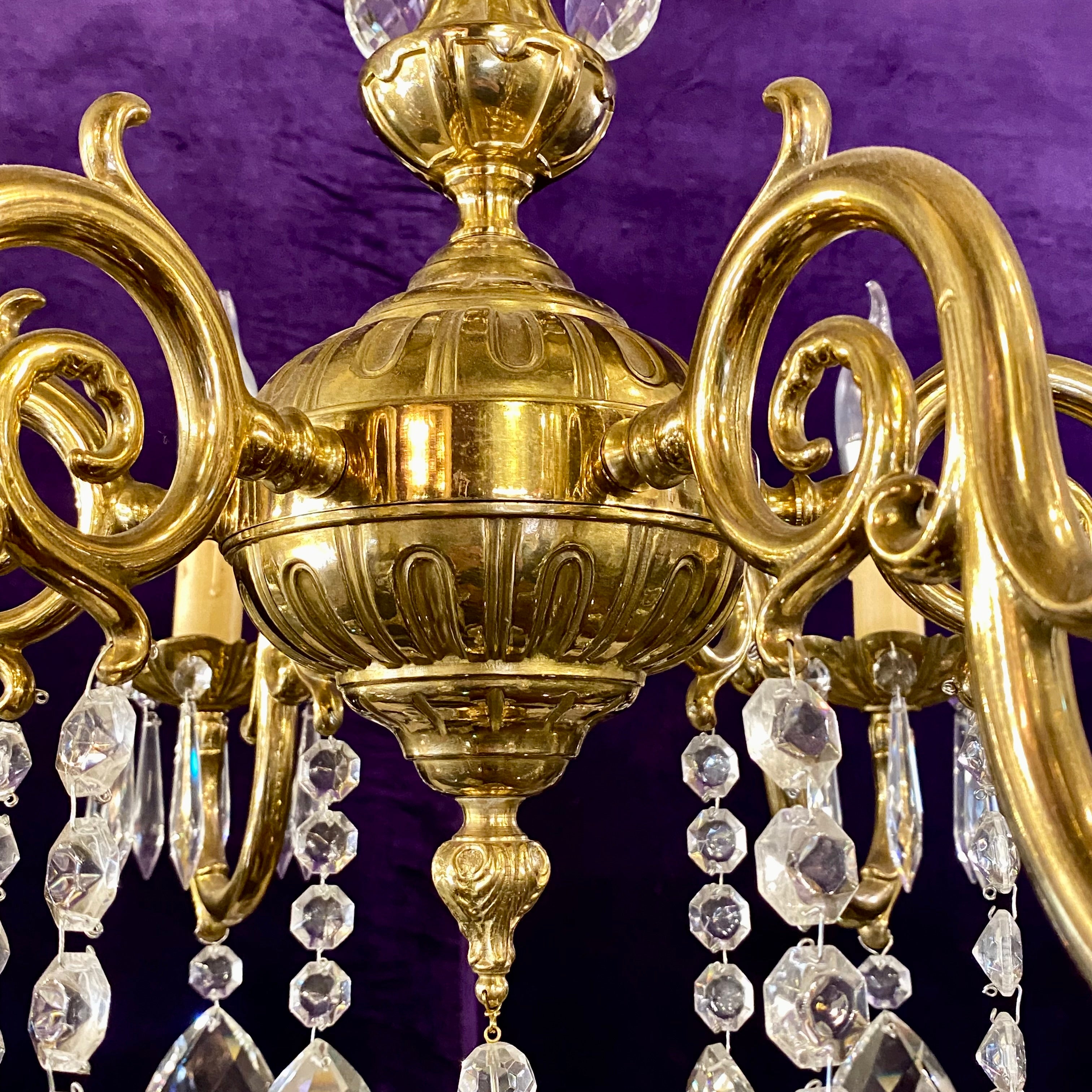 Antique French Brass Chandelier with Tear Drop Crystal - SOLD