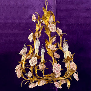 Vintage Italian Gilt Metal Chandelier with Pretty Ceramic Flowers - SOLD