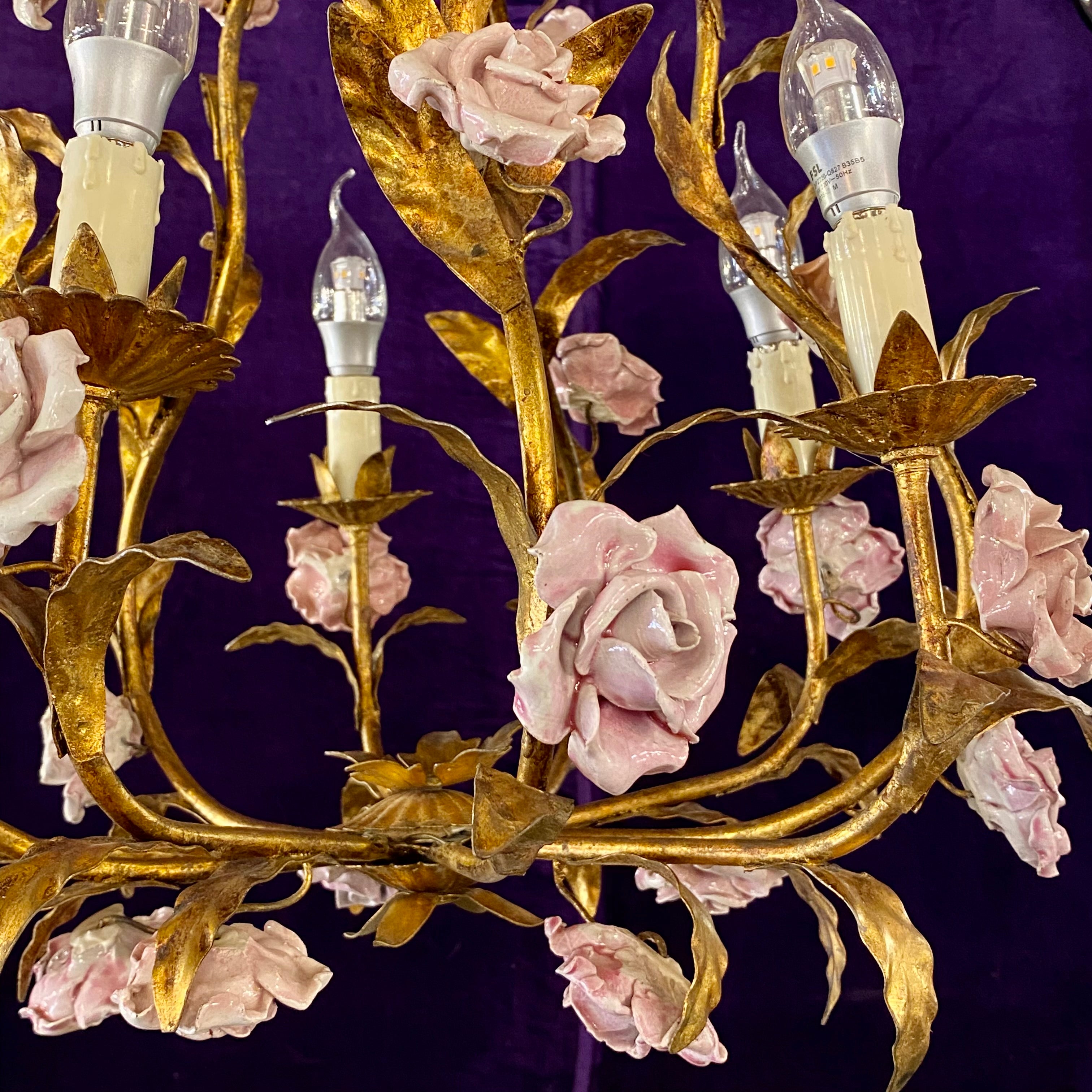 Vintage Italian Gilt Metal Chandelier with Pretty Ceramic Flowers - SOLD