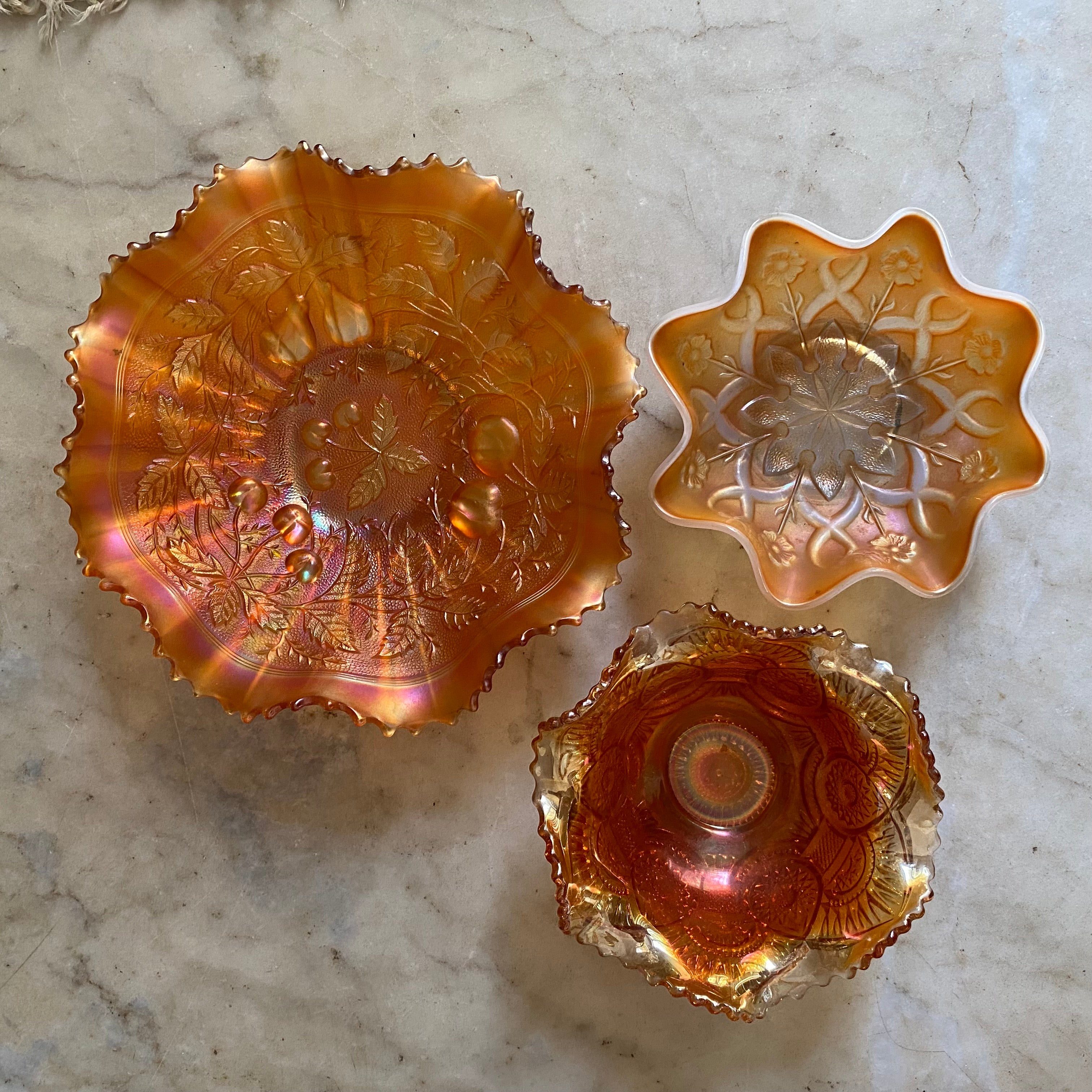 Set of Orange Carnival Glass Dishes - SOLD