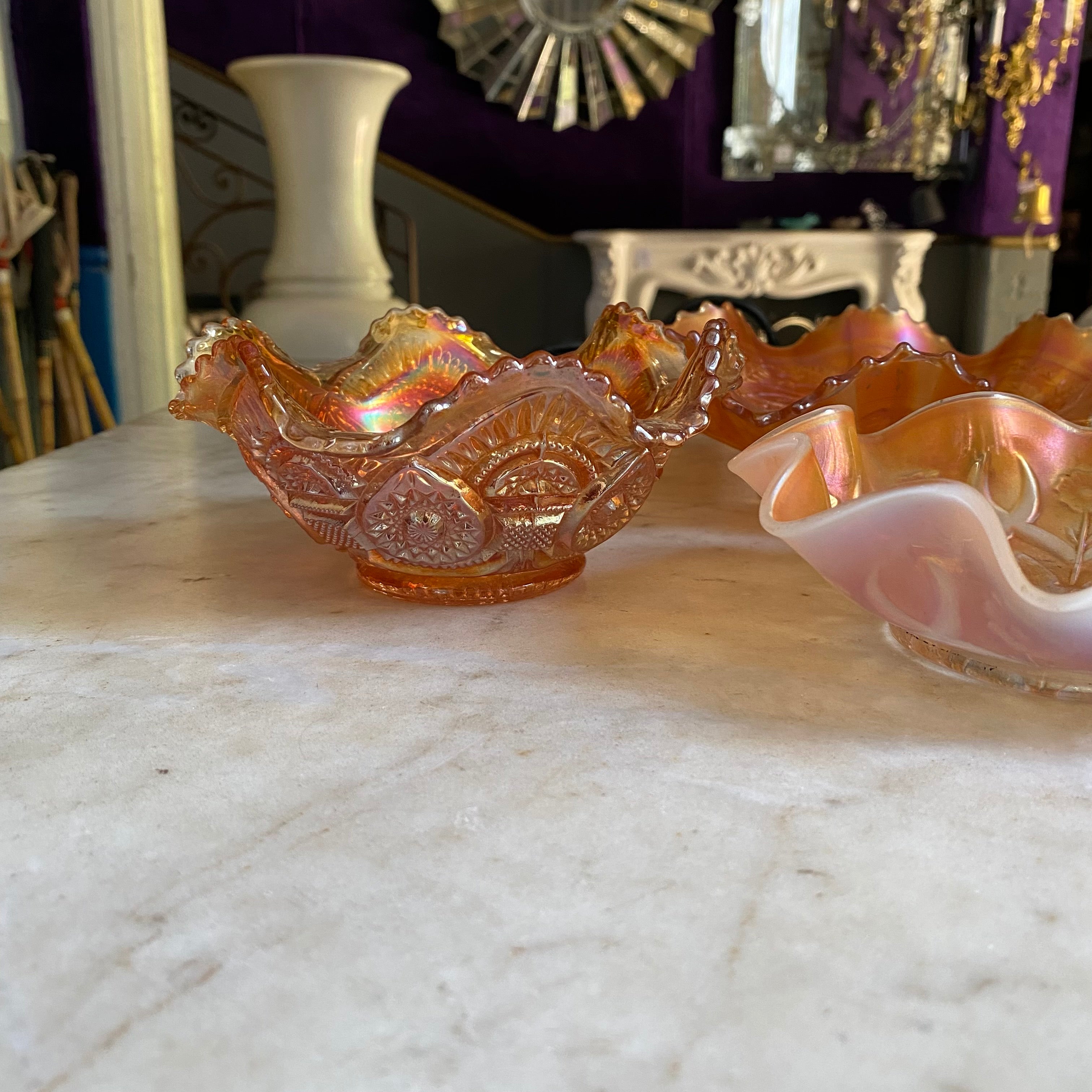 Set of Orange Carnival Glass Dishes - SOLD