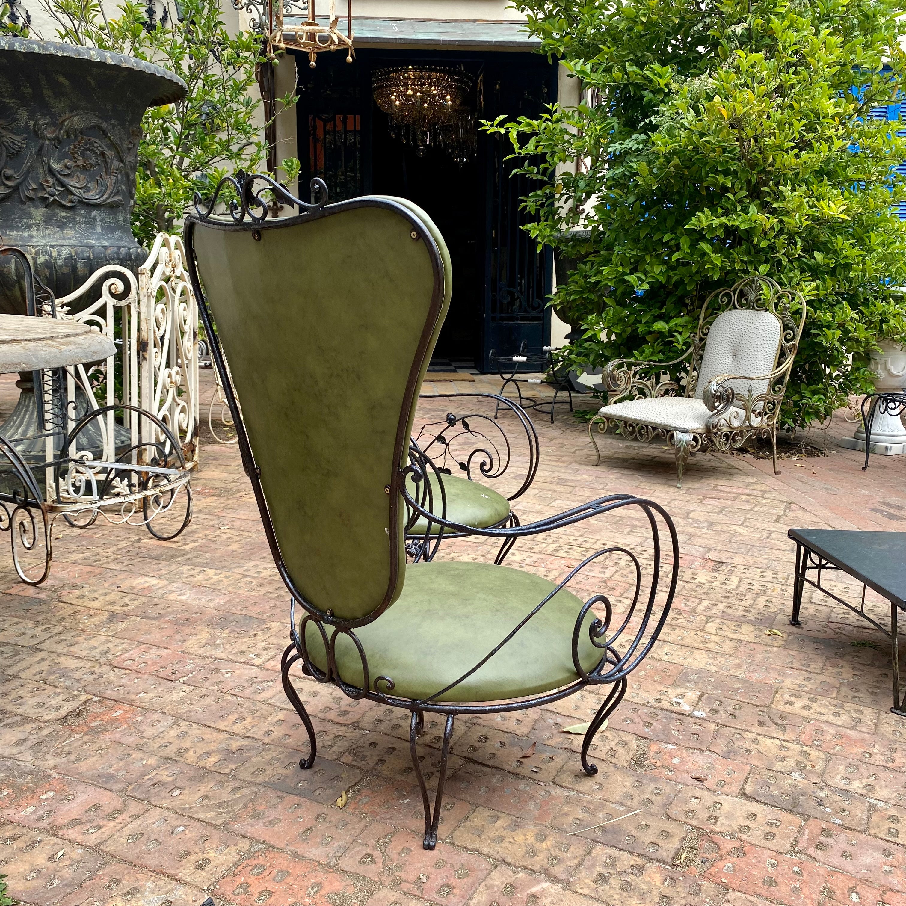 Wrought Iron Armchairs with Olive Green Upholstery - SOLD